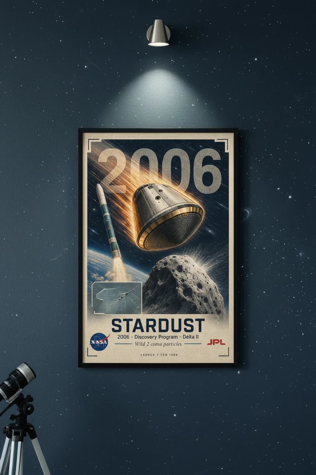 Stardust — NASA Heritage Collector poster in black A2 frame on dark-stardust-display-type deep space navy wall — NASA Heritage collector study mockup