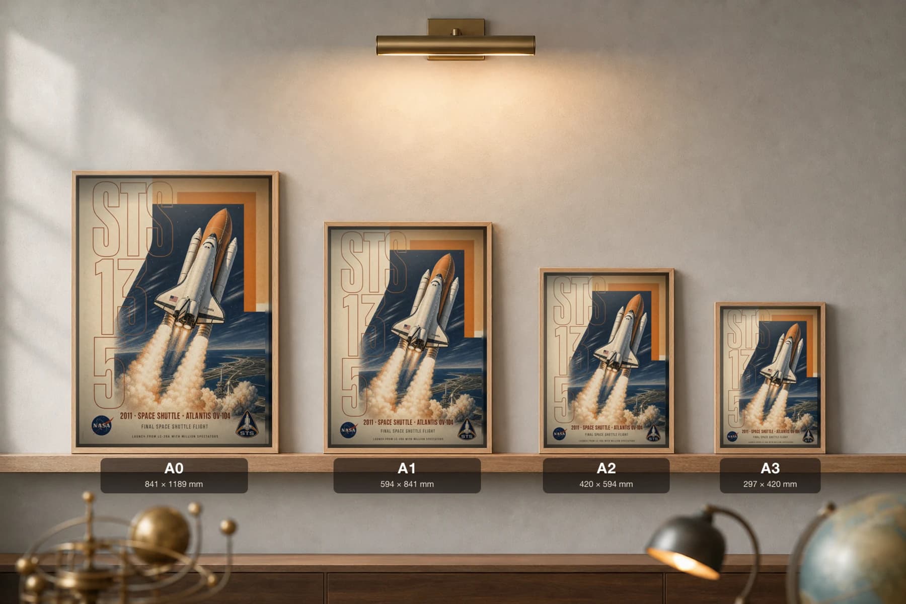 STS-135 Poster — 2011 Final Space Shuttle Flight Atlantis NASA Heritage Collector Print — print size guide showing the artwork at A0, A1, A2 and A3 in natural-oak frames at true relative scale