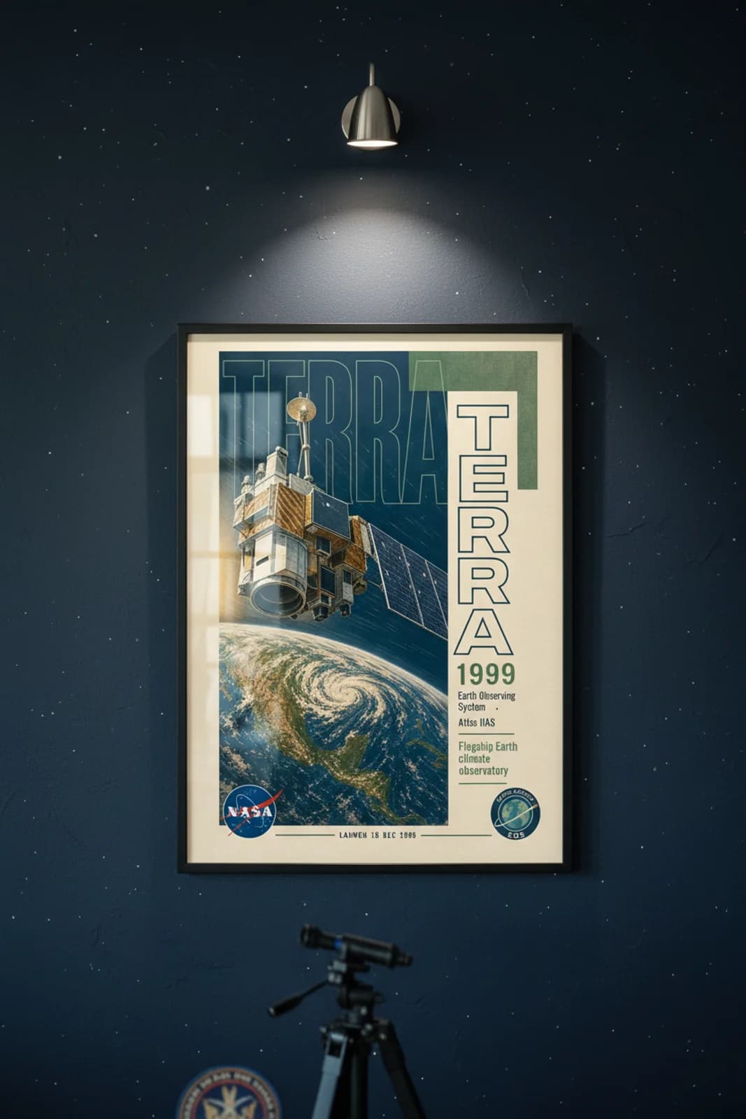 Terra poster in black A2 frame on deep-navy-space-zone deep space navy wall — NASA Heritage collector study mockup