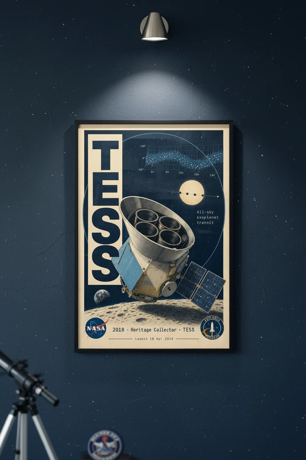 TESS — NASA Heritage Collector poster in black A2 frame on navy-tess-type deep space navy wall — NASA Heritage collector study mockup