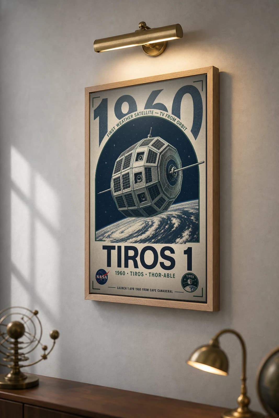 TIROS 1 Poster — 1960 Thor-Able First Weather Satellite NASA Heritage Collector Print — the framed print shown at a three-quarter angle on a styled gallery wall in a natural-oak frame
