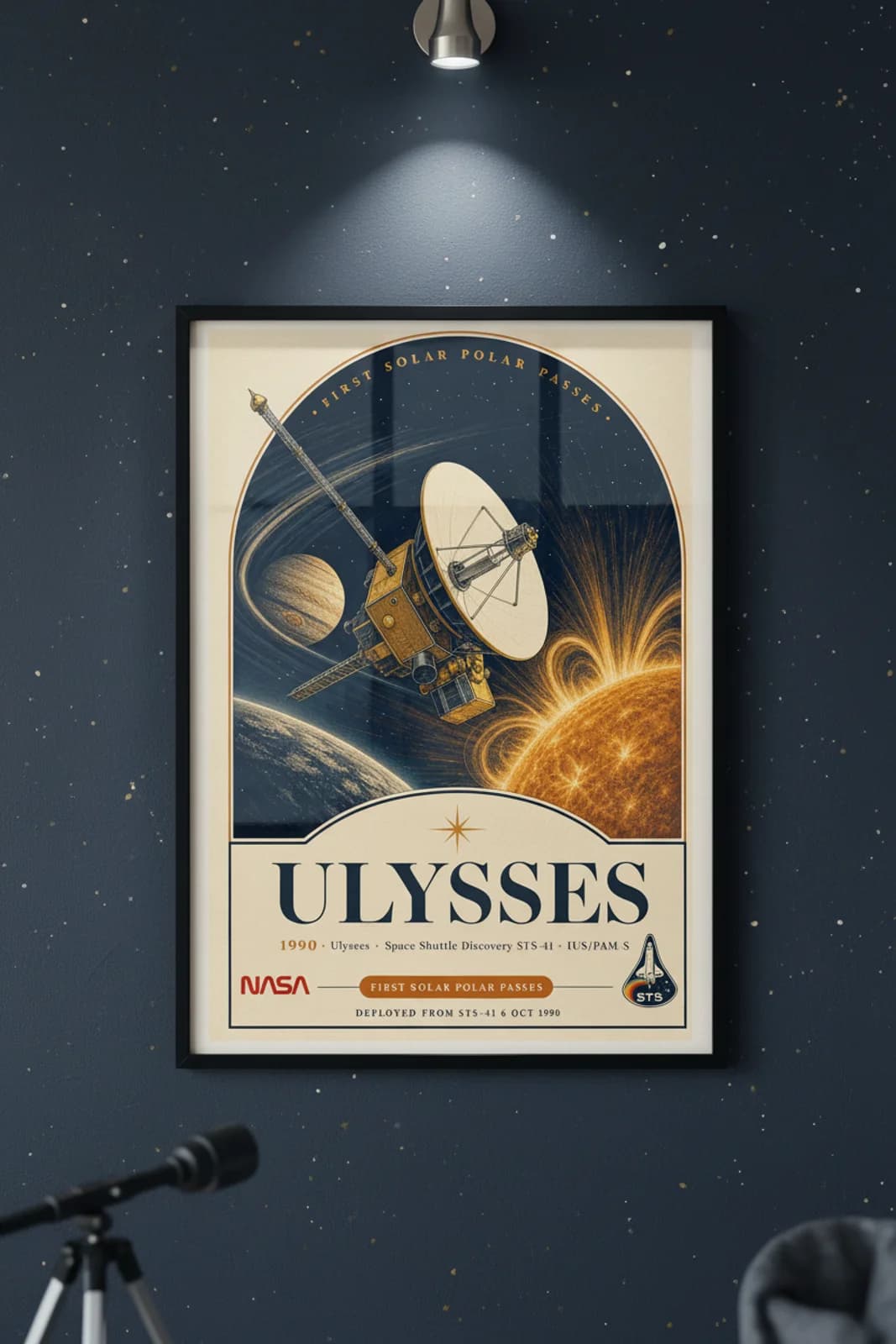 Ulysses poster in black A2 frame on gold-ulysses-body deep space navy wall — NASA Heritage collector study mockup