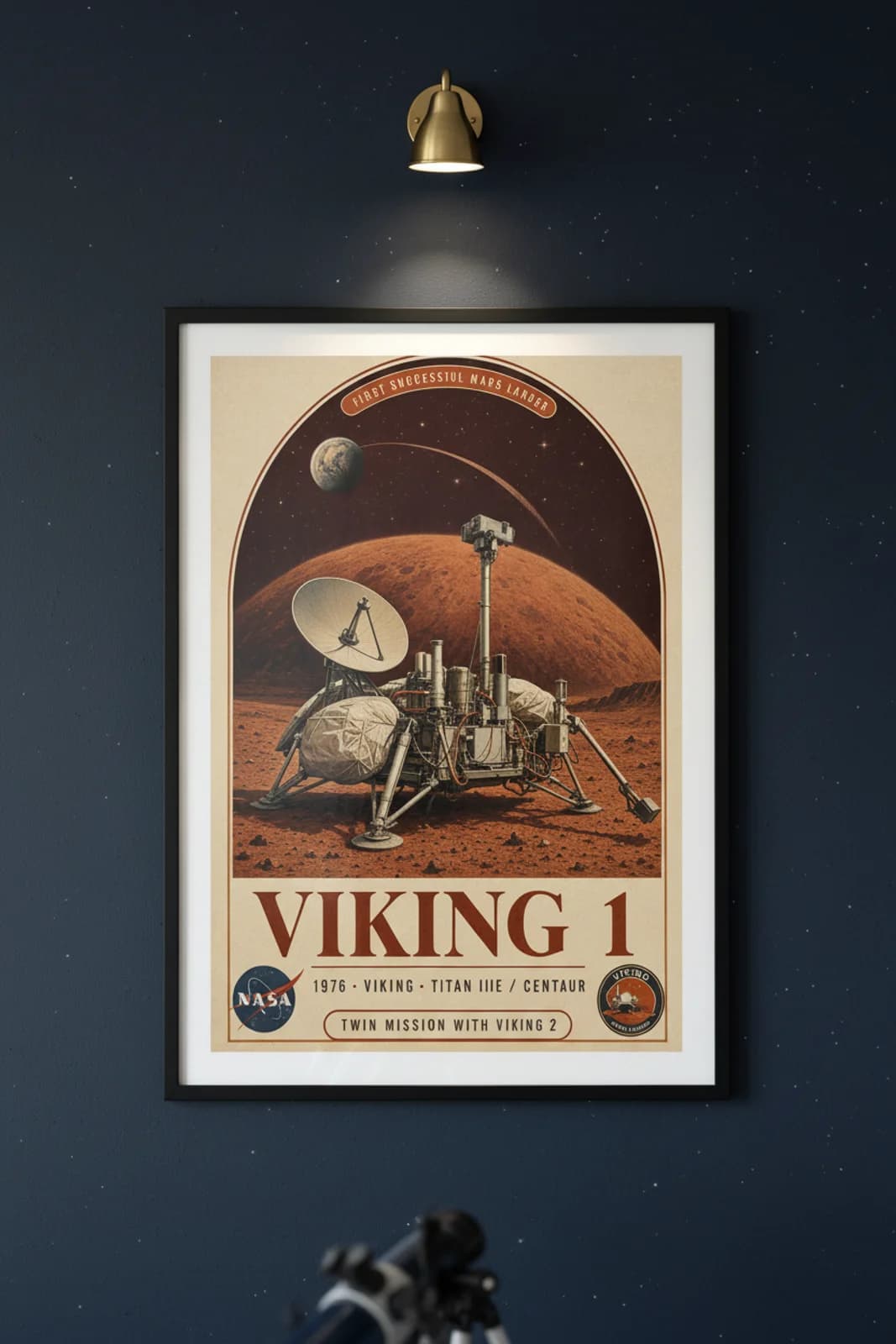 Viking 1 — NASA Heritage Collector poster in black A2 frame on ochre-mars-regolith deep space navy wall — NASA Heritage collector study mockup