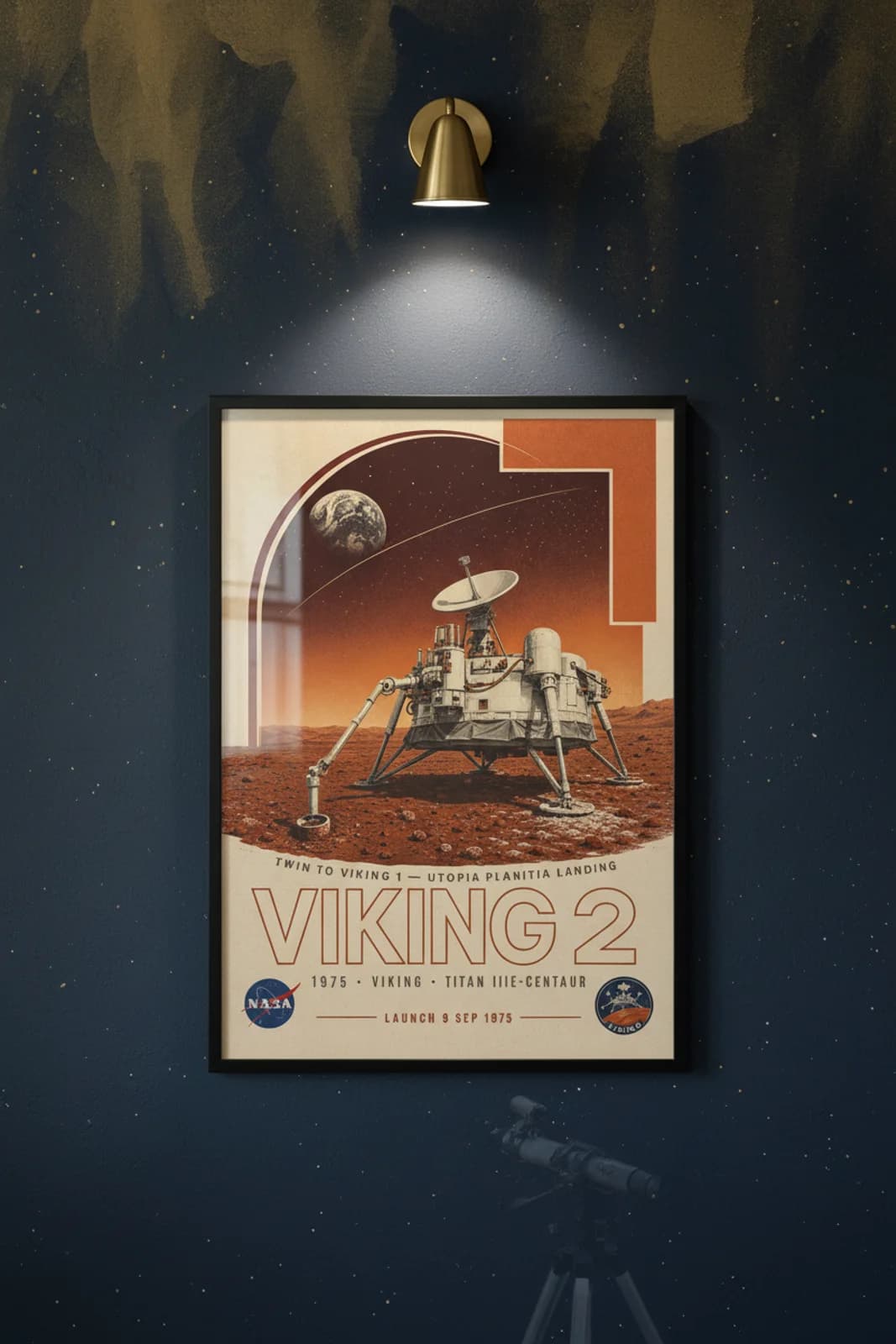 Viking 2 poster in black A2 frame on ochre-sky-gradient deep space navy wall — NASA Heritage collector study mockup
