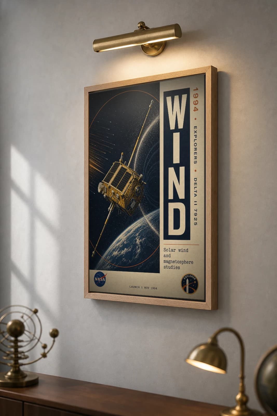 WIND Poster — 1994 Solar Wind Magnetosphere NASA Heritage Collector Print — the framed print shown at a three-quarter angle on a styled gallery wall in a natural-oak frame