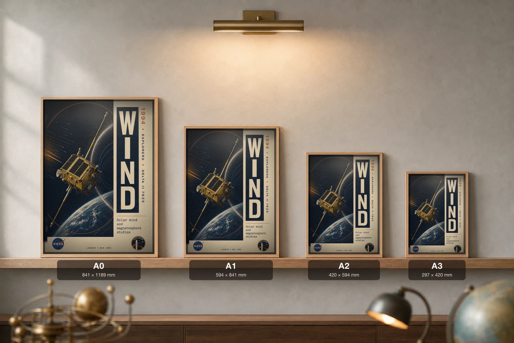 WIND Poster — 1994 Solar Wind Magnetosphere NASA Heritage Collector Print — print size guide showing the artwork at A0, A1, A2 and A3 in natural-oak frames at true relative scale