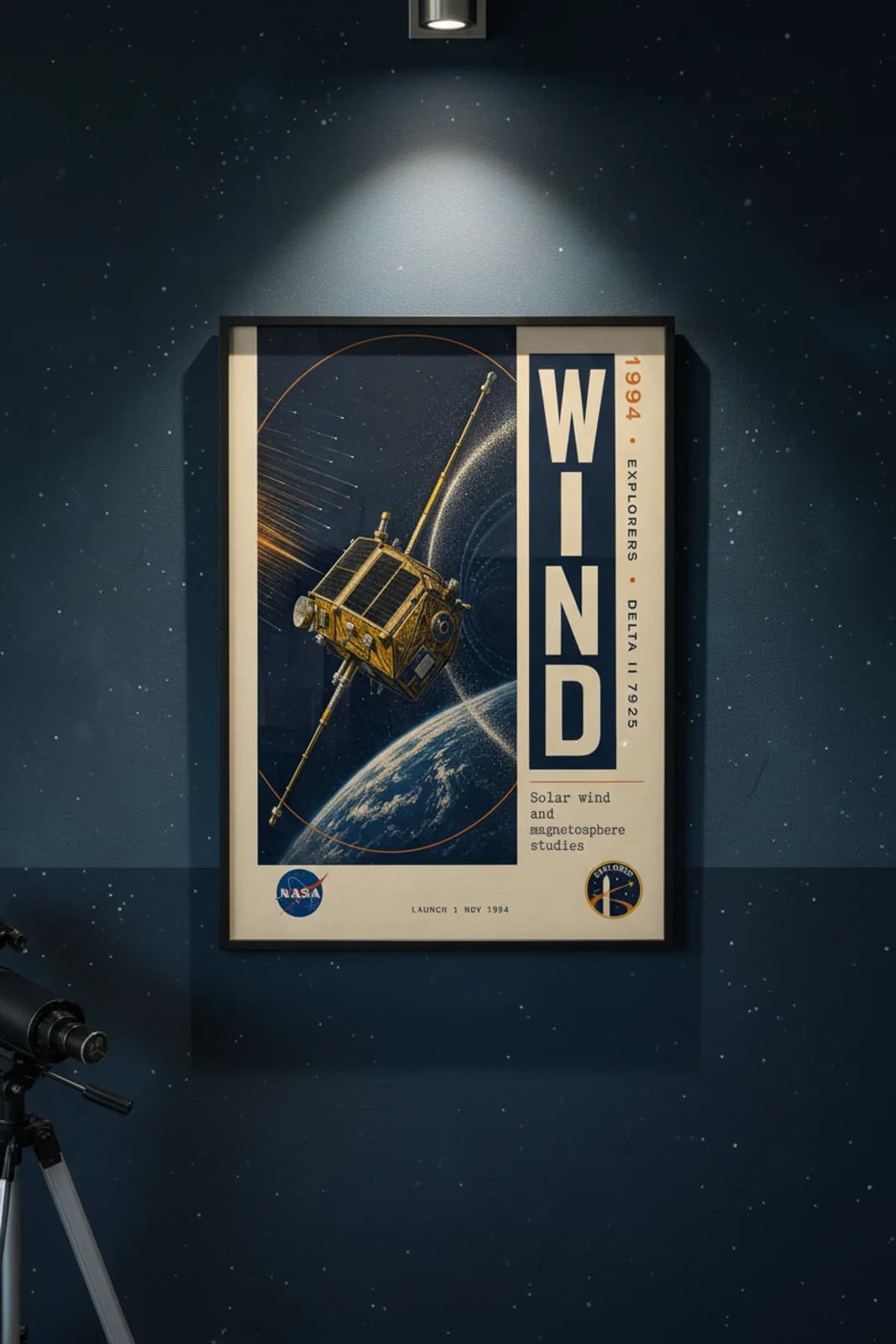 WIND poster in black A2 frame on heliophysics-navy-block deep space navy wall — NASA Heritage collector study mockup
