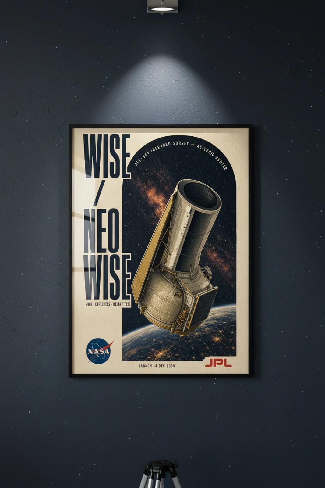 WISE / NEOWISE poster in black A2 frame on deep-navy-space deep space navy wall — NASA Heritage collector study mockup