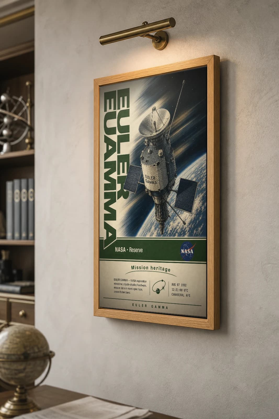EULER GAMMA Poster — 2000 Space observatory NASA Missions Commemorative Sheet — the framed print shown at a three-quarter angle on a styled gallery wall in a natural-oak frame