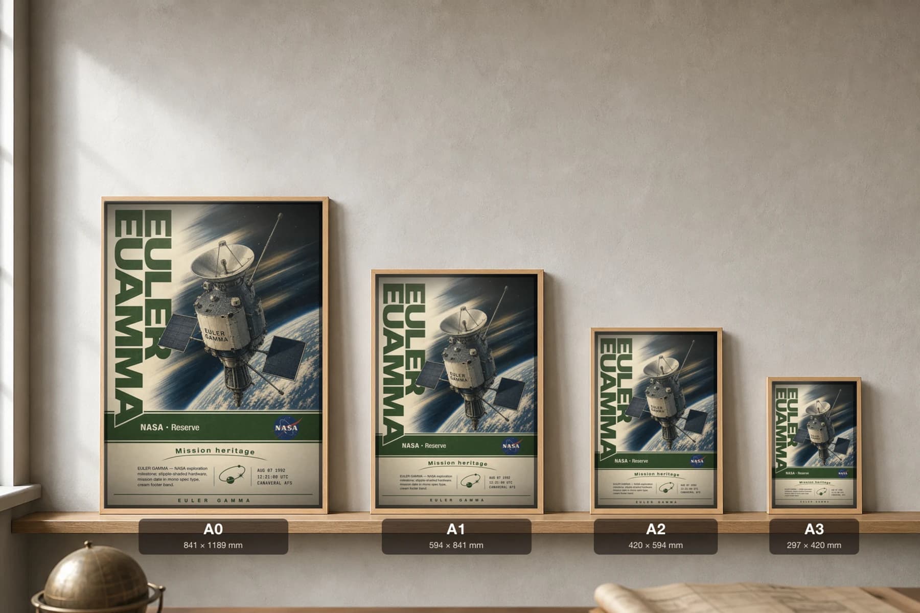 EULER GAMMA Poster — 2000 Space observatory NASA Missions Commemorative Sheet — print size guide showing the artwork at A0, A1, A2 and A3 in natural-oak frames at true relative scale