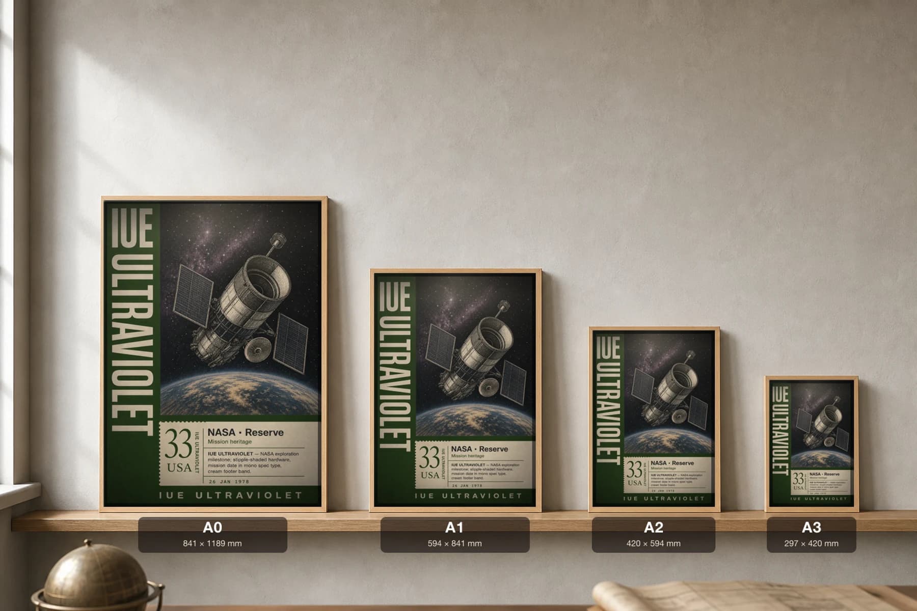 IUE ULTRAVIOLET Poster — 2000 Space observatory NASA Missions Commemorative Sheet — print size guide showing the artwork at A0, A1, A2 and A3 in natural-oak frames at true relative scale