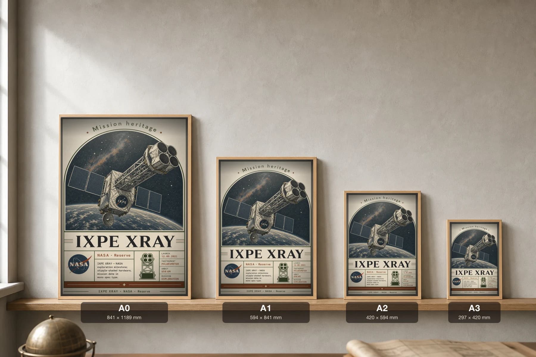 IXPE XRAY Poster — 2000 Space observatory NASA Missions Commemorative Sheet — print size guide showing the artwork at A0, A1, A2 and A3 in natural-oak frames at true relative scale