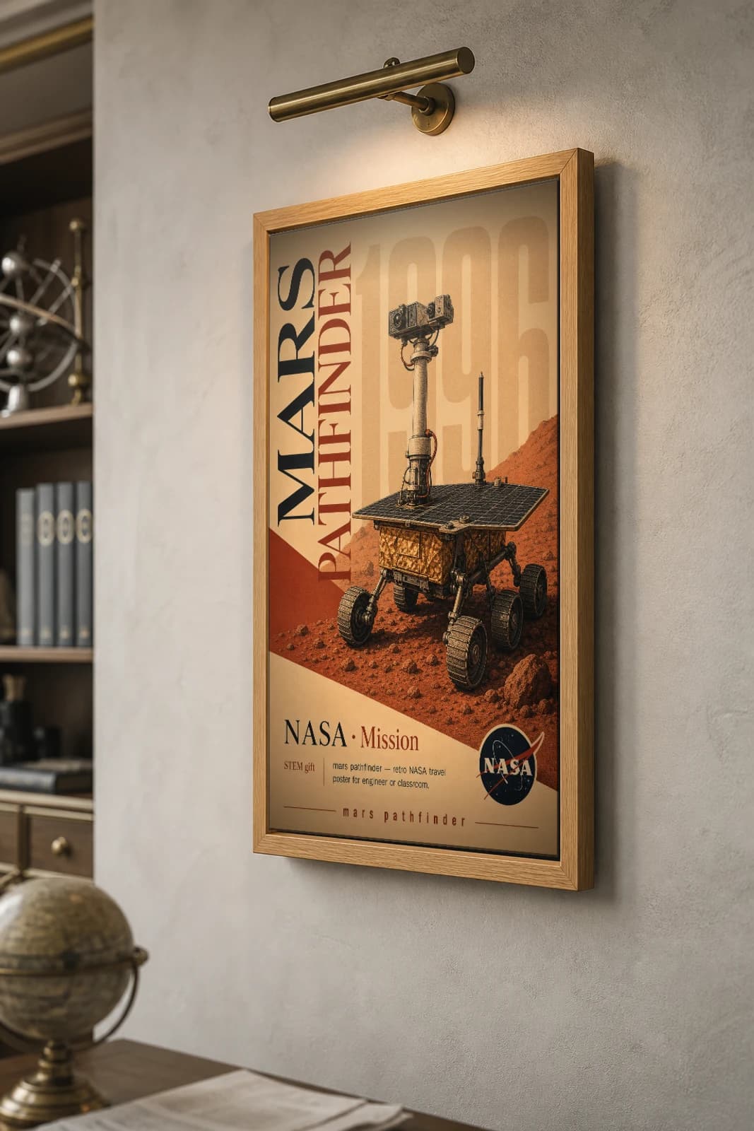 MARS PATHFINDER Poster — 1997 Mars mission spacecraft NASA Missions Commemorative Sheet — the framed print shown at a three-quarter angle on a styled gallery wall in a natural-oak frame