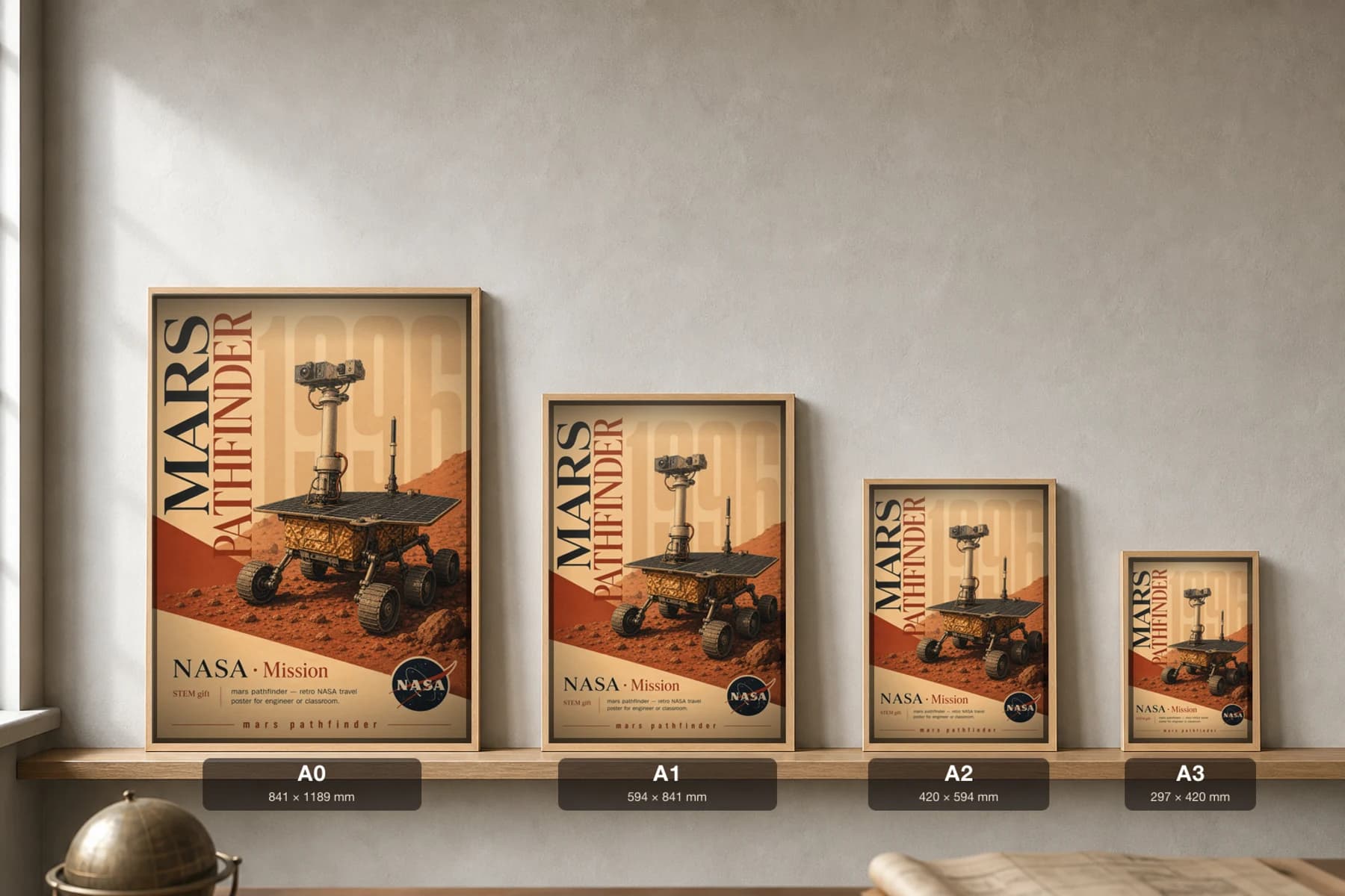 MARS PATHFINDER Poster — 1997 Mars mission spacecraft NASA Missions Commemorative Sheet — print size guide showing the artwork at A0, A1, A2 and A3 in natural-oak frames at true relative scale