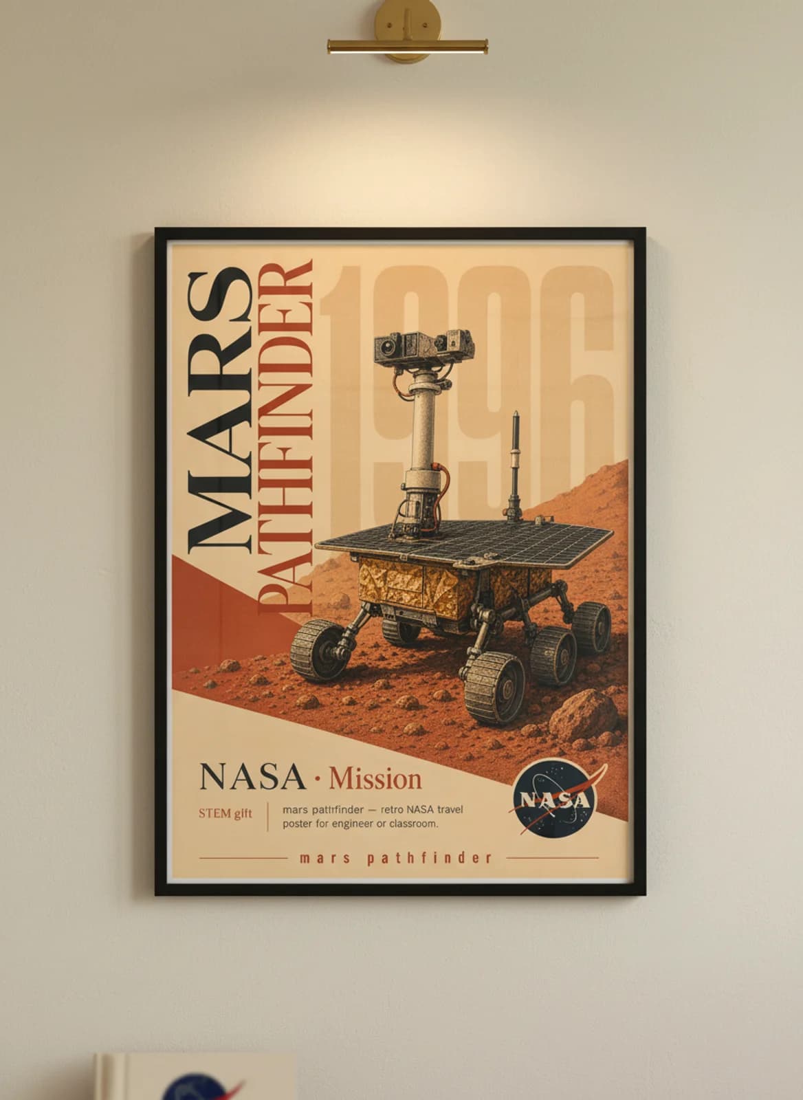 MARS PATHFINDER — NASA Missions poster in black A2 frame on warm-cream-paper wall matching print paper — NASA Missions study mockup