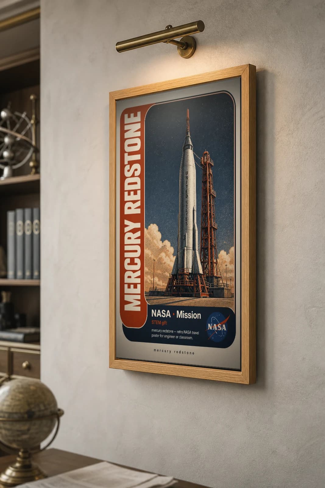 MERCURY REDSTONE Poster — 1970 MERCURY REDSTONE spacecraft NASA Missions Commemorative Sheet — the framed print shown at a three-quarter angle on a styled gallery wall in a natural-oak frame
