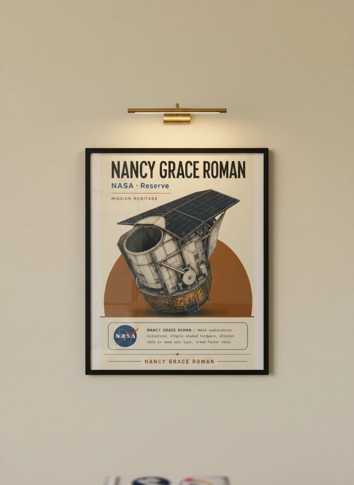 NANCY GRACE ROMAN — NASA Missions poster in black A2 frame on warm-cream-paper wall matching print paper — NASA Missions study mockup