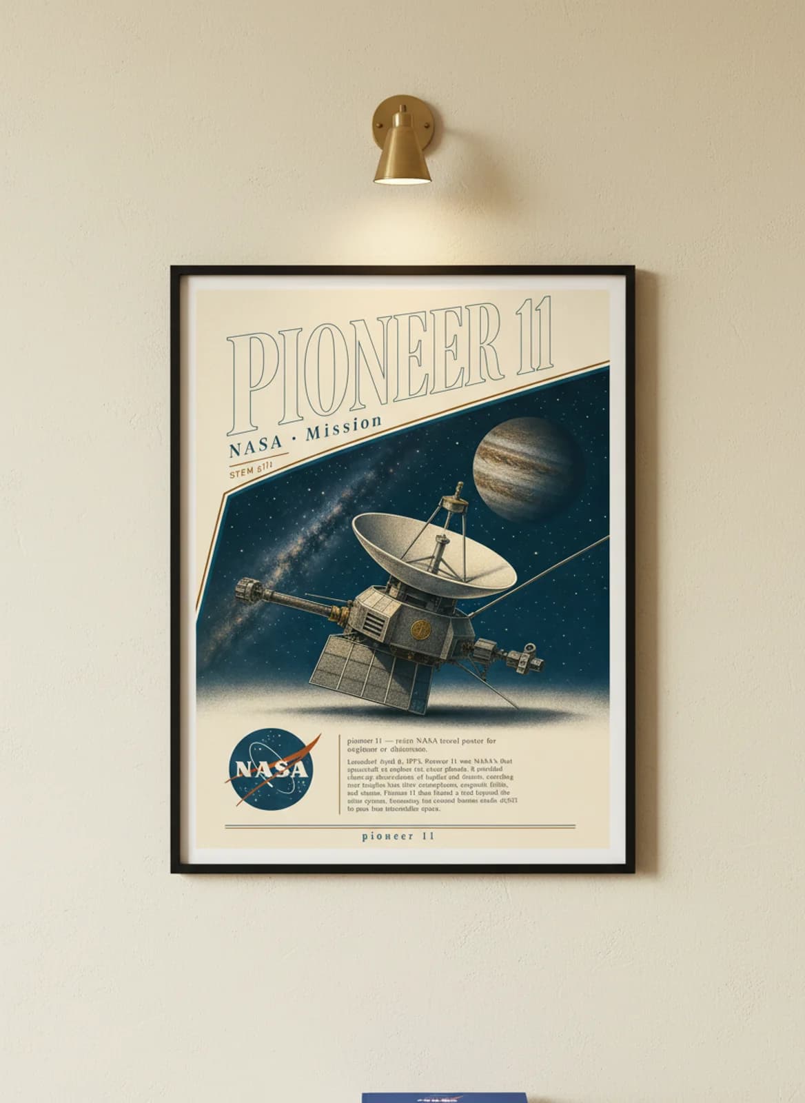 PIONEER 11 — NASA Missions poster in black A2 frame on warm-cream-paper wall matching print paper — NASA Missions study mockup