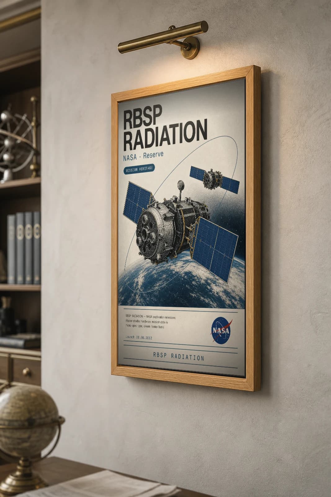 RBSP RADIATION Poster — 1995 Solar / magnetosphere probe NASA Missions Commemorative Sheet — the framed print shown at a three-quarter angle on a styled gallery wall in a natural-oak frame