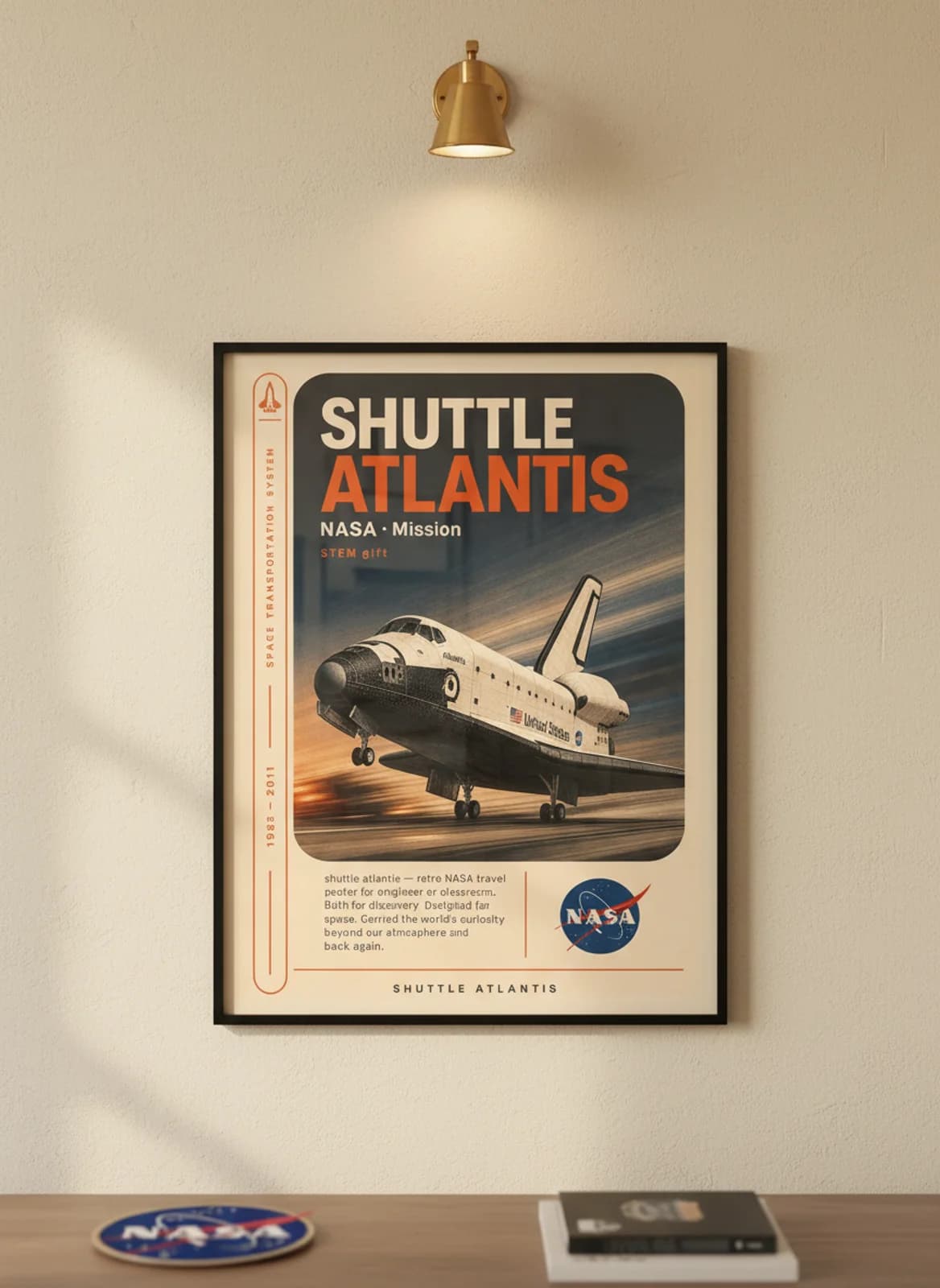 SHUTTLE ATLANTIS — NASA Missions poster in black A2 frame on warm-cream-paper wall matching print paper — NASA Missions study mockup