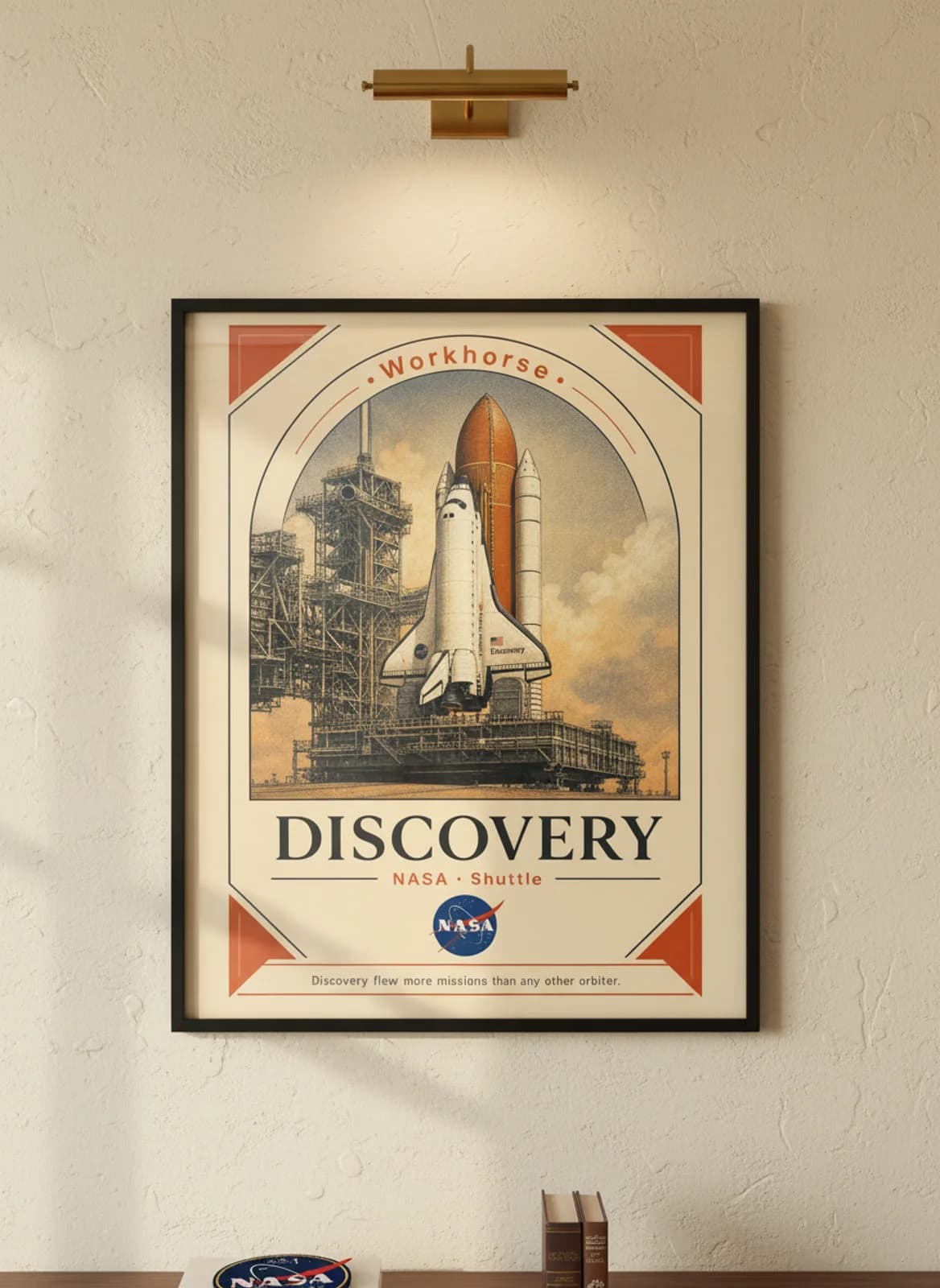 DISCOVERY — NASA Missions poster in black A2 frame on warm-cream-paper wall matching print paper — NASA Missions study mockup
