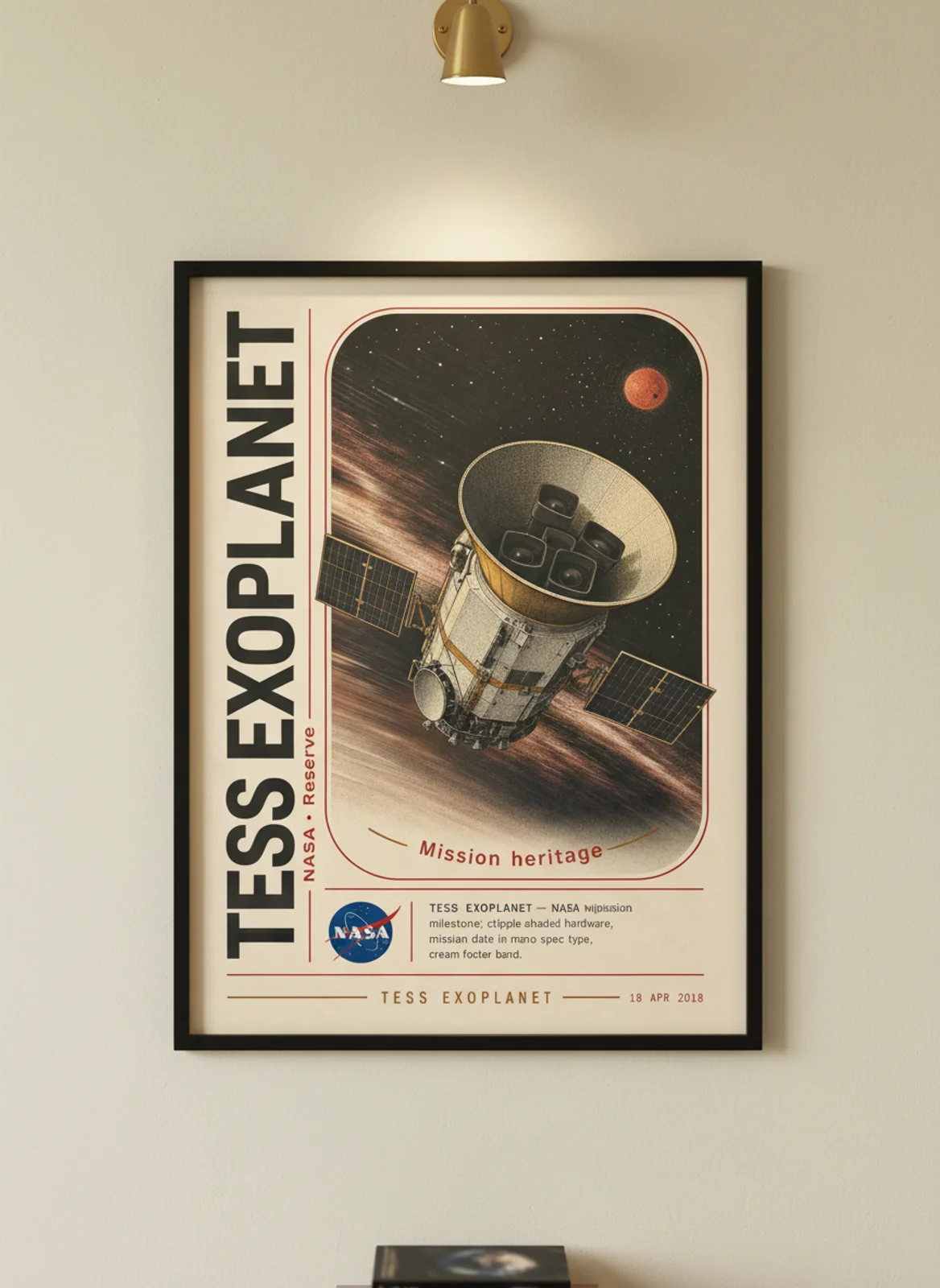 TESS EXOPLANET — NASA Missions poster in black A2 frame on warm-cream-paper wall matching print paper — NASA Missions study mockup