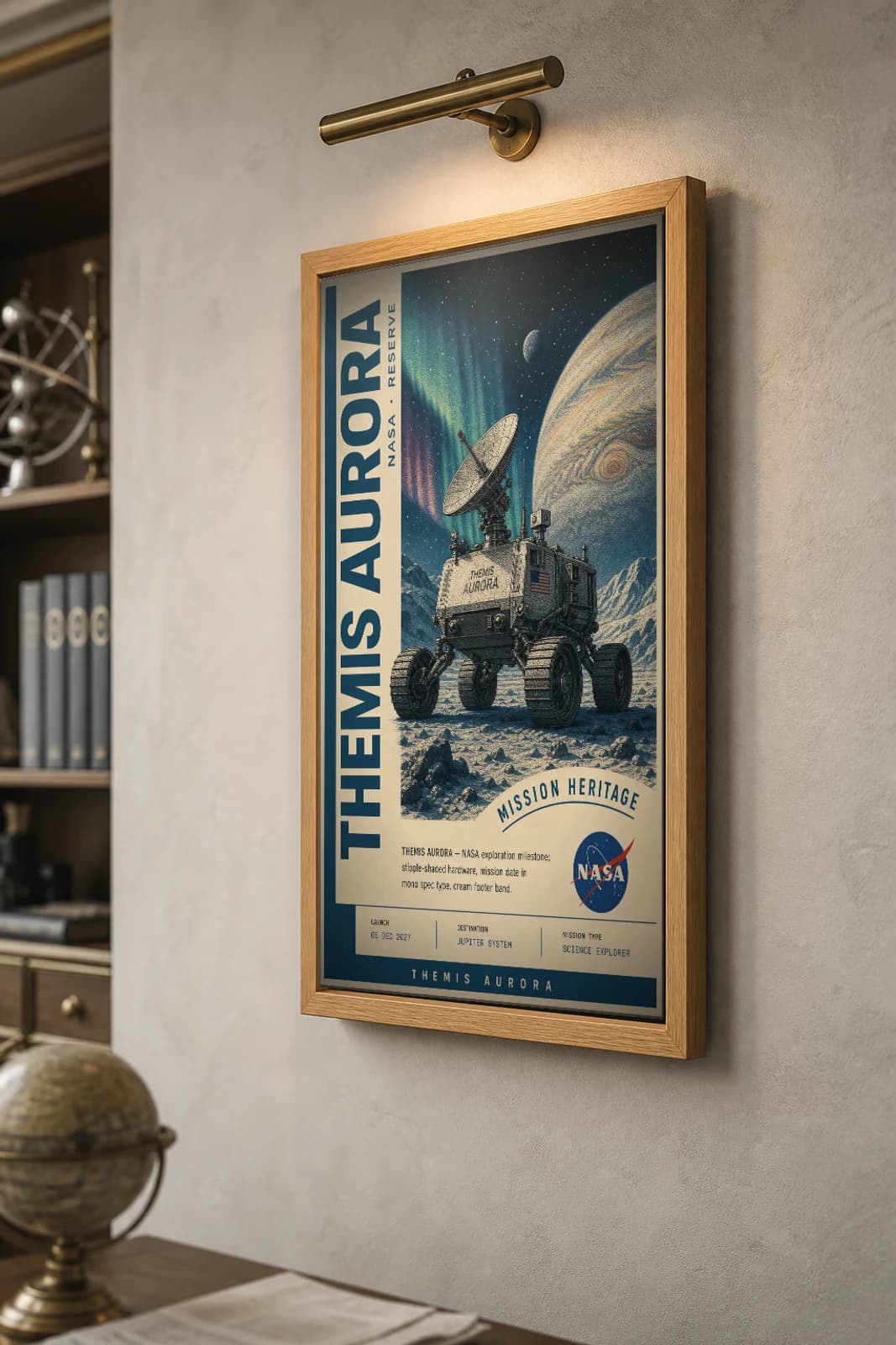THEMIS AURORA Poster — 1995 Solar / magnetosphere probe NASA Missions Commemorative Sheet — the framed print shown at a three-quarter angle on a styled gallery wall in a natural-oak frame