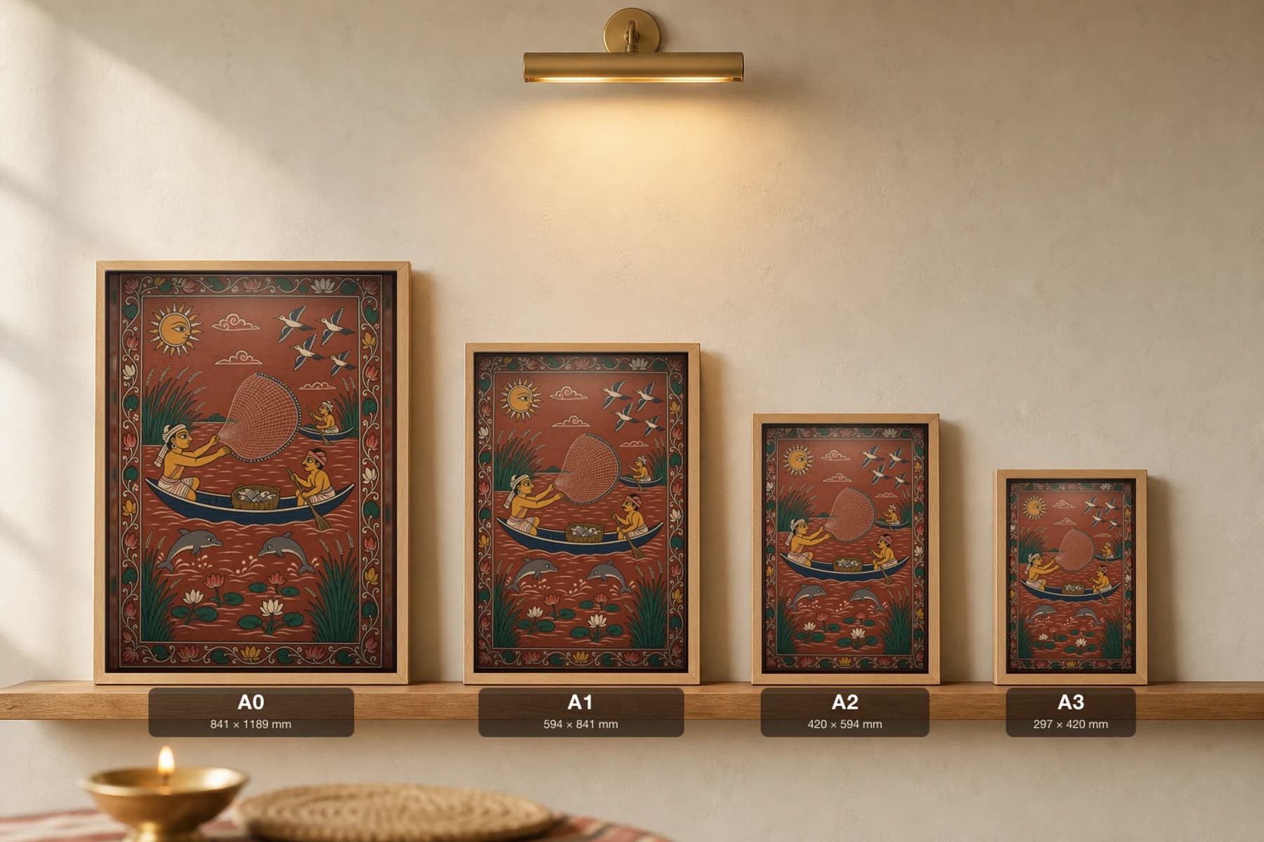 Chilika Lagoon Pattachitra Print — fishermen casting nets among Irrawaddy dolphins in patta line · collector edition A2 · contemporary fusion — print size guide showing the artwork at A0, A1, A2 and A3 in natural-oak frames at true relative scale