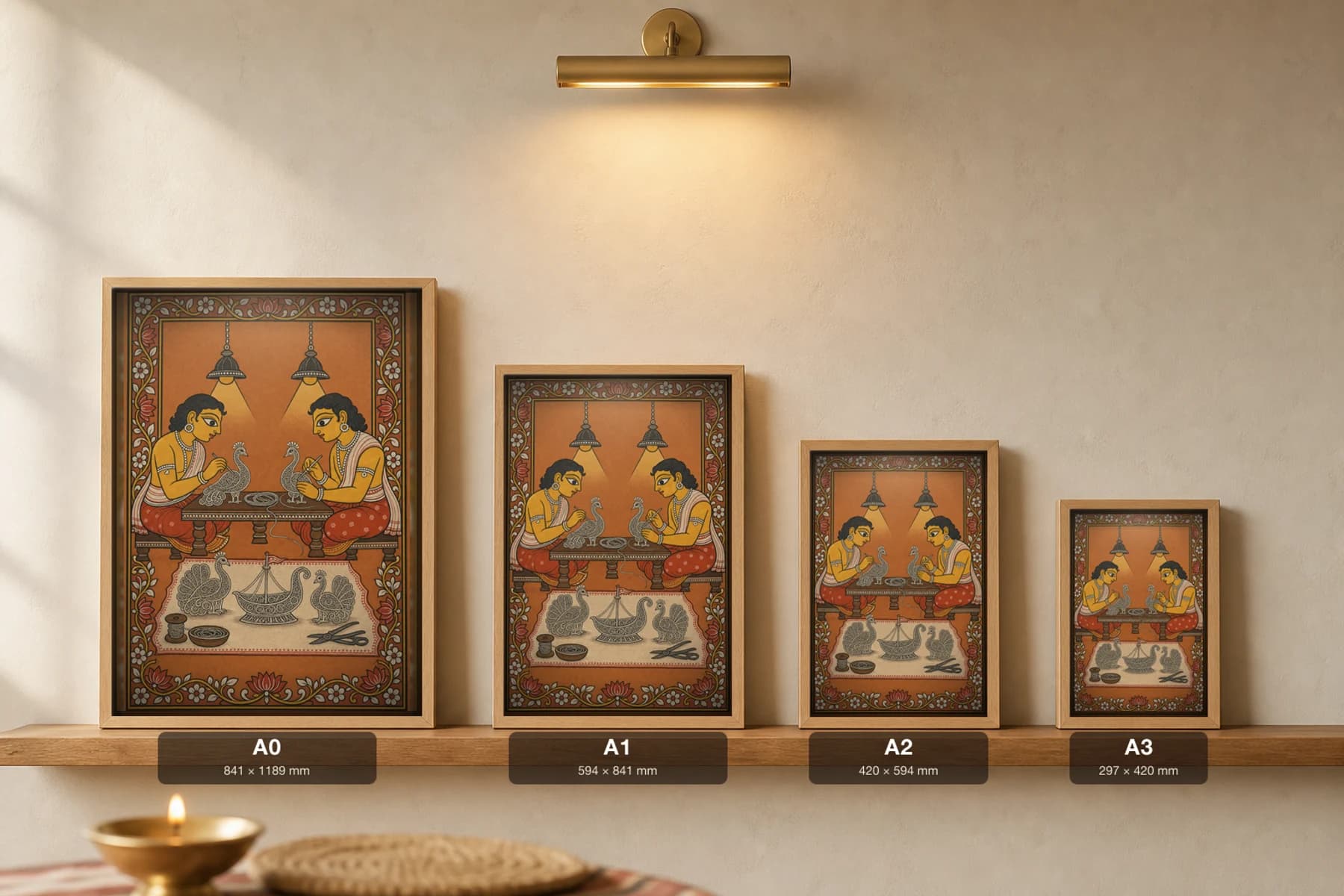Tarakasi Bench Pattachitra Print — two Cuttack silver-filigree artisans crafting peacocks in patta line · collector edition A2 · contemporary fusion — print size guide showing the artwork at A0, A1, A2 and A3 in natural-oak frames at true relative scale