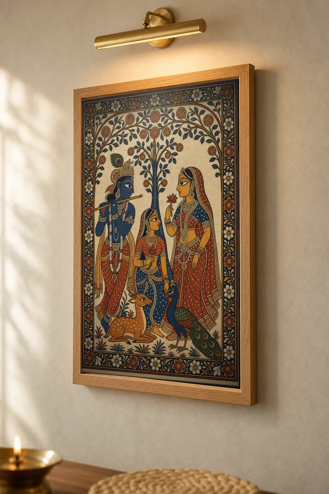 Gita Govinda Bower Pattachitra Print — flute-playing Krishna with Radha and a sakhi under the flowering tree · collector edition A2 · classical Odisha cloth-painting grammar — the framed print shown at a three-quarter angle on a styled gallery wall in a natural-oak frame