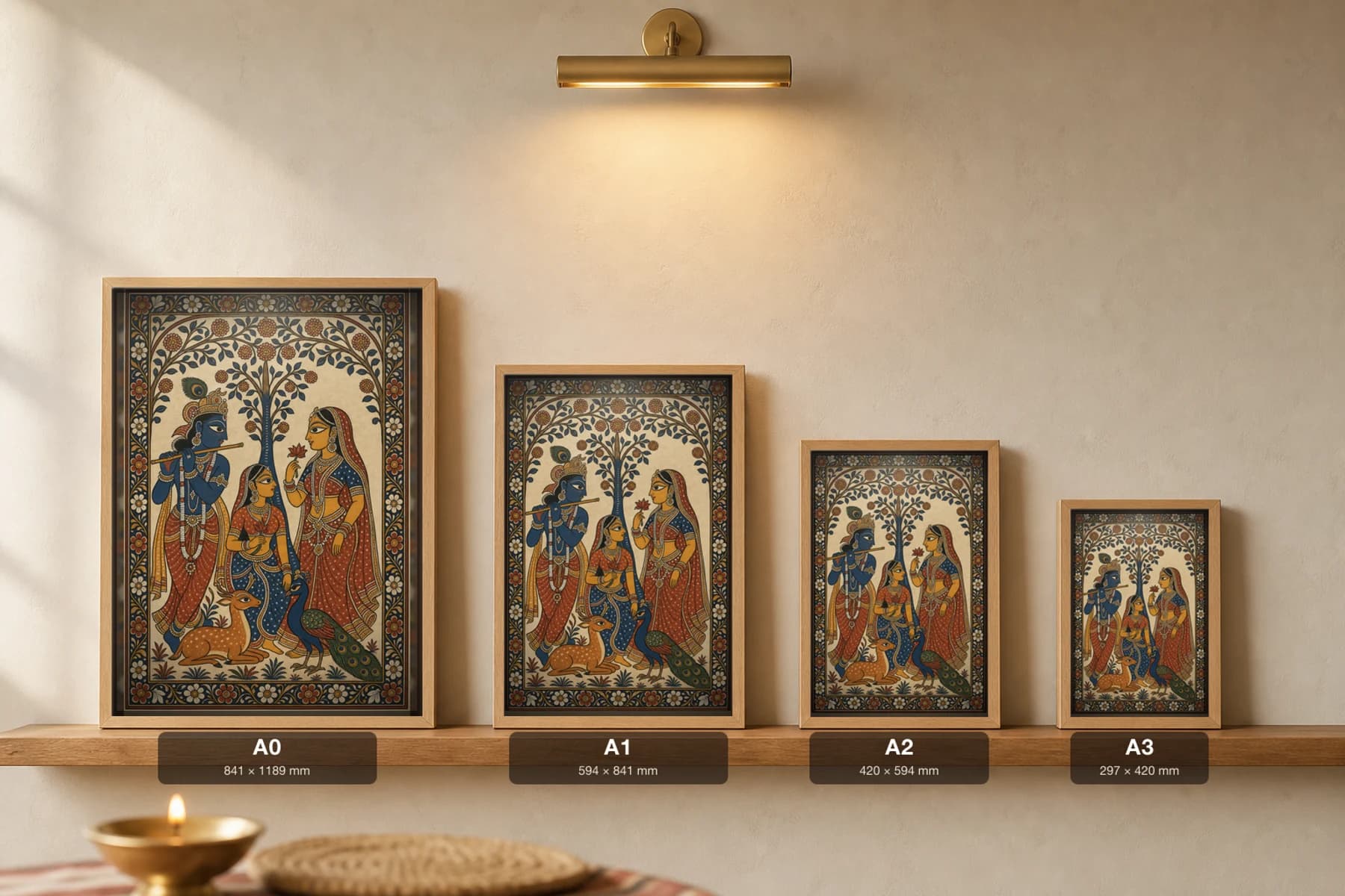 Gita Govinda Bower Pattachitra Print — flute-playing Krishna with Radha and a sakhi under the flowering tree · collector edition A2 · classical Odisha cloth-painting grammar — print size guide showing the artwork at A0, A1, A2 and A3 in natural-oak frames at true relative scale