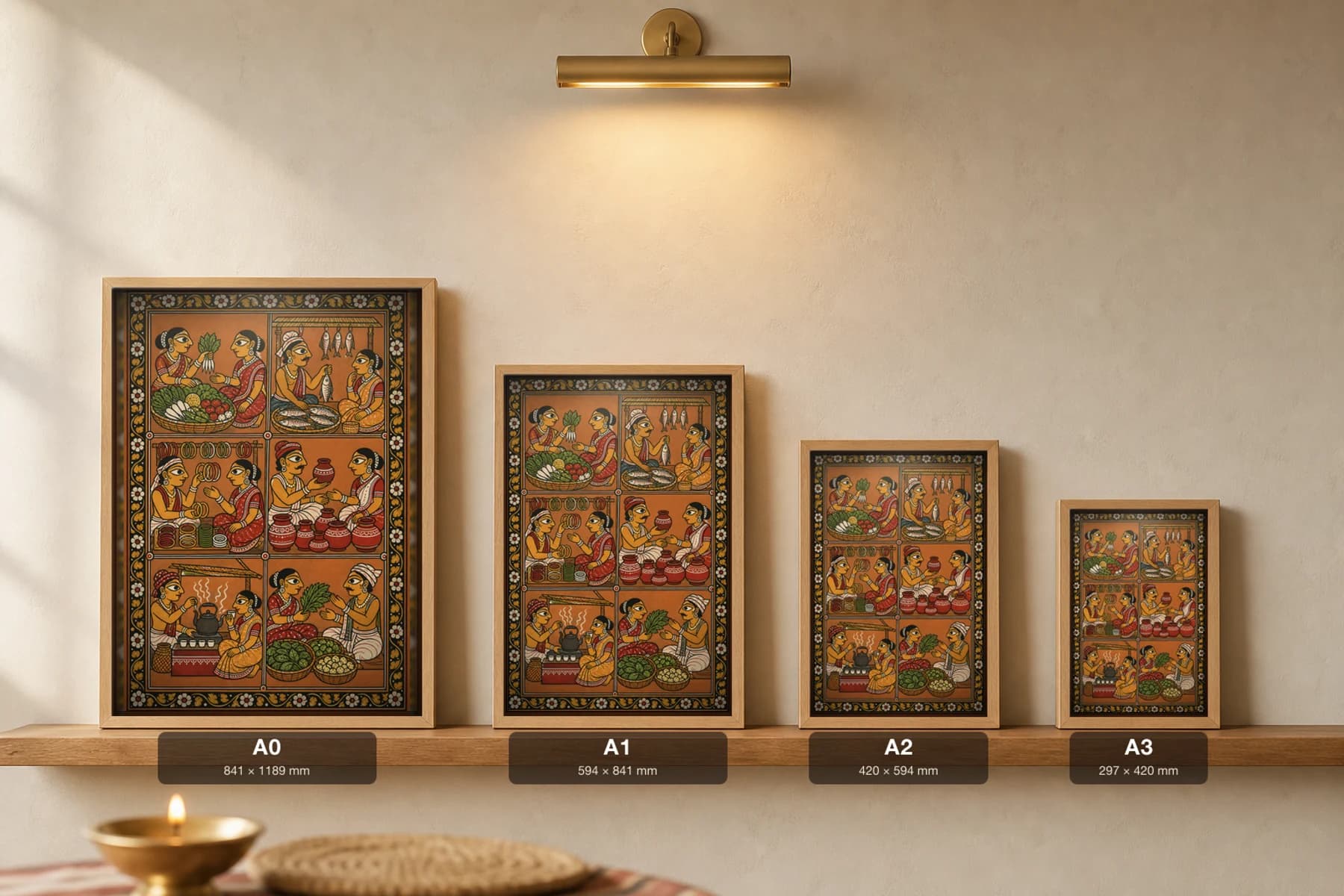 Weekly Haat Pattachitra Print — six market stalls of a village haat in a clean grid · collector edition A2 · contemporary fusion — print size guide showing the artwork at A0, A1, A2 and A3 in natural-oak frames at true relative scale