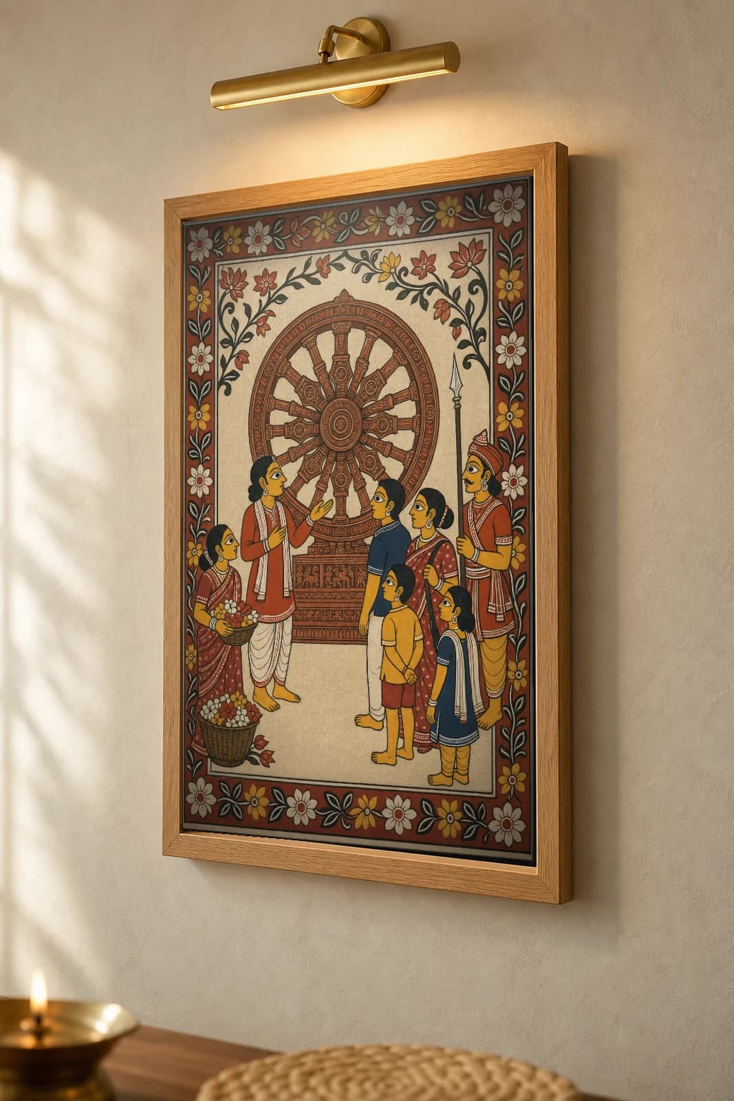 Konark Morning Pattachitra Print — visitors at the Sun-temple chariot wheel in Odisha cloth-painting grammar · collector A2 · Konark heritage scene — the framed print shown at a three-quarter angle on a styled gallery wall in a natural-oak frame