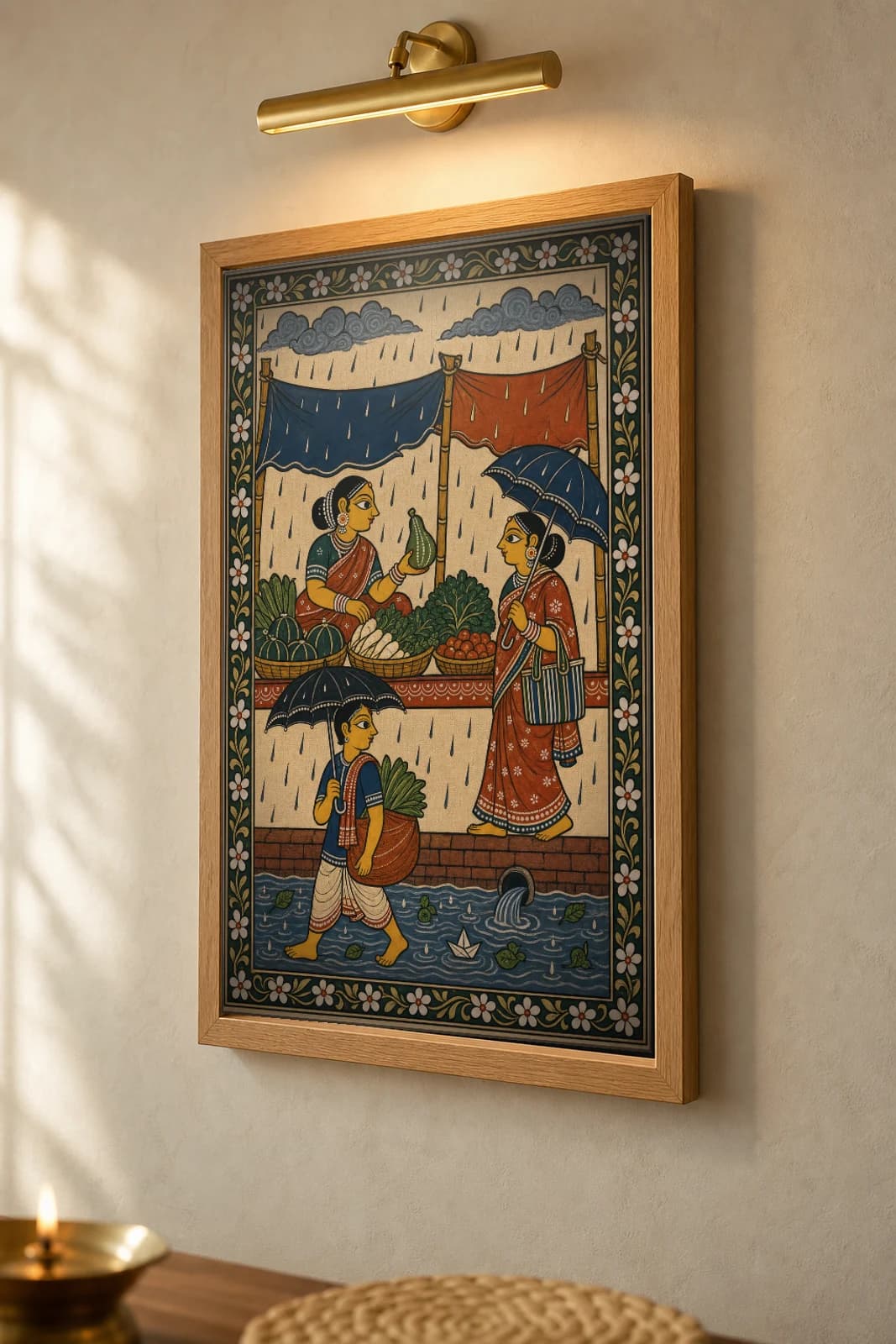 Monsoon Market Pattachitra Print — rainy-day vegetable stalls in Odisha cloth-painting grammar · collector A2 · contemporary fusion — the framed print shown at a three-quarter angle on a styled gallery wall in a natural-oak frame