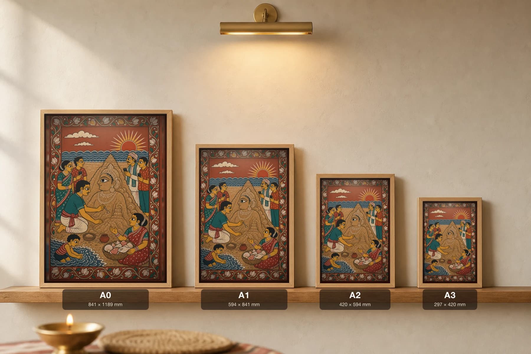 Sand-Art Morning Pattachitra Print — a sand sculptor on Puri beach at sunrise in Odisha cloth-painting grammar · collector A2 · contemporary fusion — print size guide showing the artwork at A0, A1, A2 and A3 in natural-oak frames at true relative scale