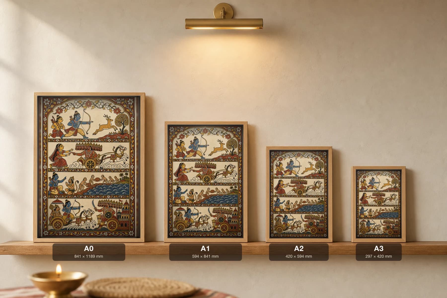 Ramayana Scroll Pattachitra Print — four epic episodes in stacked narrative bands in Odisha cloth-painting grammar · collector A2 · Ramayana — print size guide showing the artwork at A0, A1, A2 and A3 in natural-oak frames at true relative scale