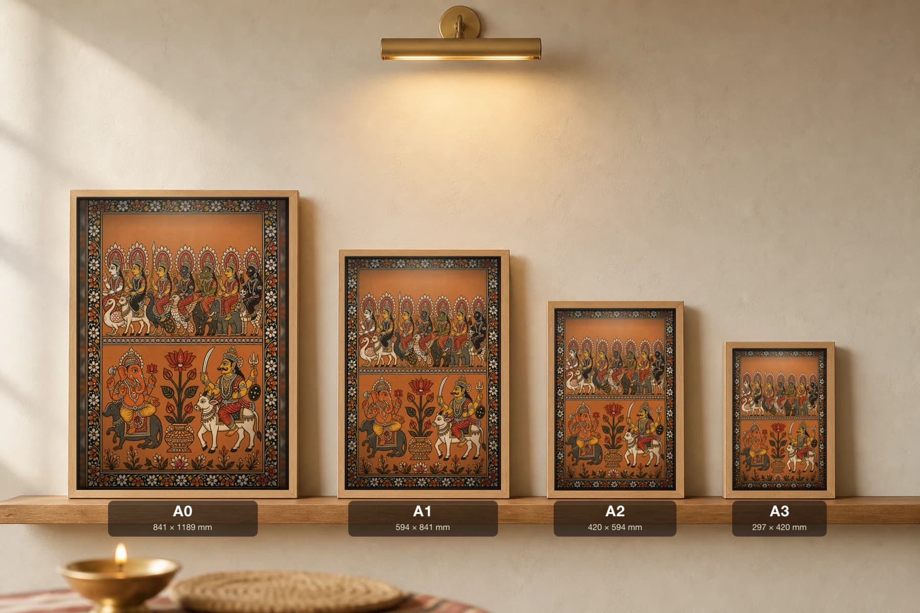 Sapta Matrika Pattachitra Print — the seven mother goddesses on their mounts in Odisha cloth-painting grammar · collector A2 · Devi / Shakti — print size guide showing the artwork at A0, A1, A2 and A3 in natural-oak frames at true relative scale