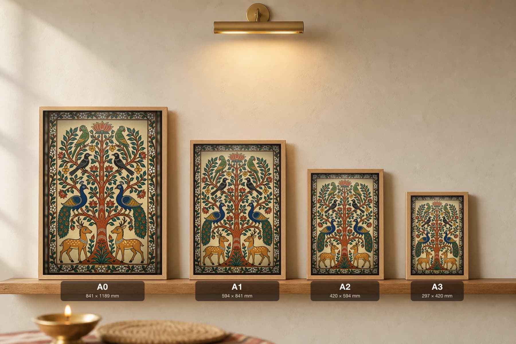 Tree of Life Pattachitra Print — the kalpataru filled with birds and deer in Odisha cloth-painting grammar · collector A2 · tree-of-life — print size guide showing the artwork at A0, A1, A2 and A3 in natural-oak frames at true relative scale