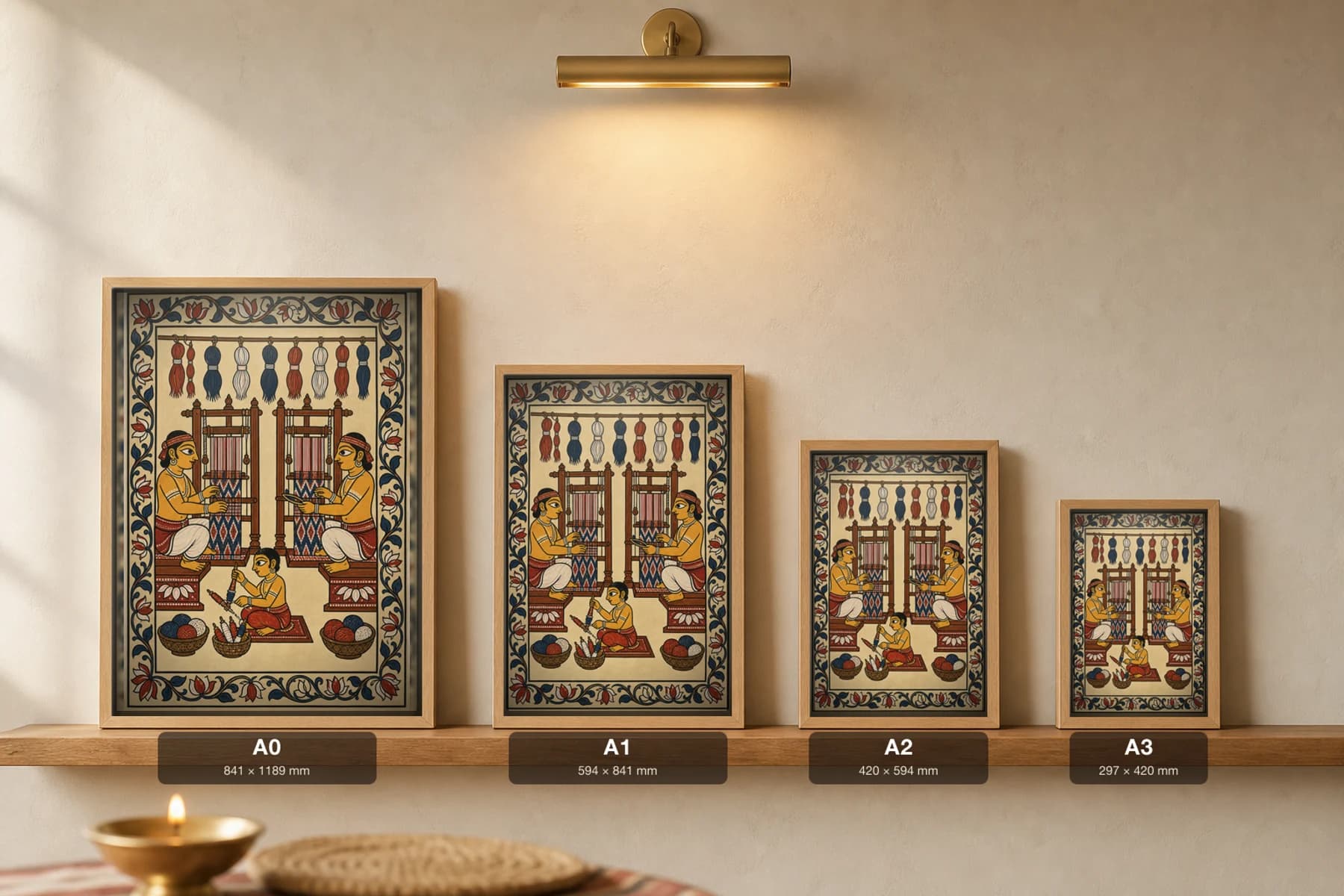 Ikat Loom Pattachitra Print — Sambalpuri bandha ikat weavers at facing pit-looms in Odisha cloth-painting grammar · collector A2 · contemporary fusion — print size guide showing the artwork at A0, A1, A2 and A3 in natural-oak frames at true relative scale