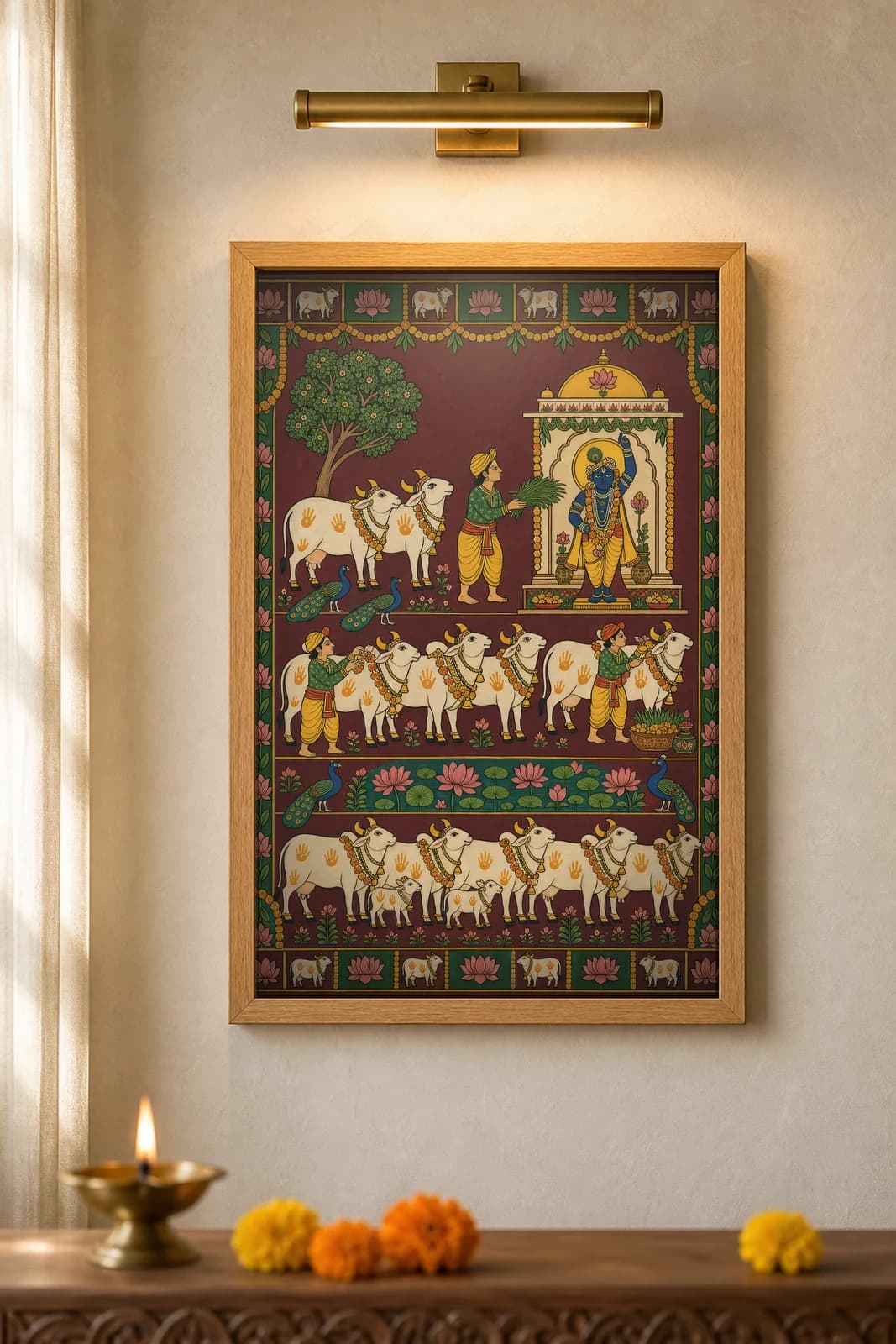 Gopashtami Cow Shringar — framed museum print, Pichwai