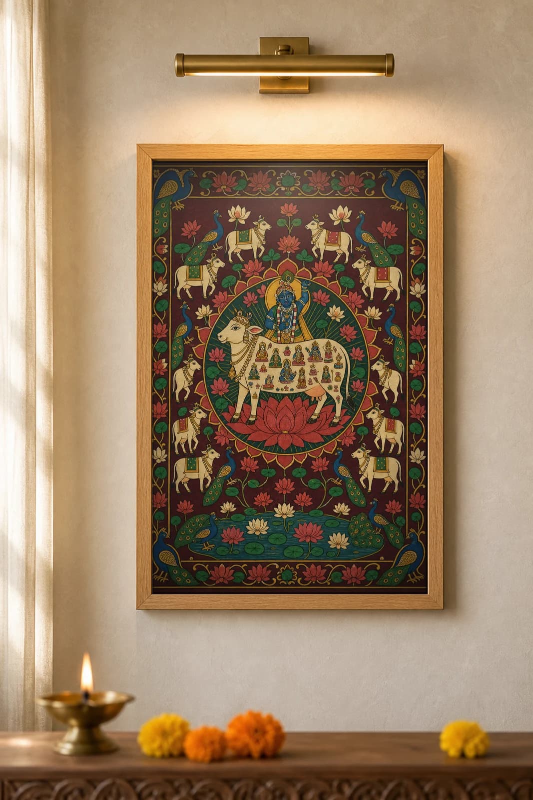 Kamadhenu Wish-Cow — framed museum print, Pichwai