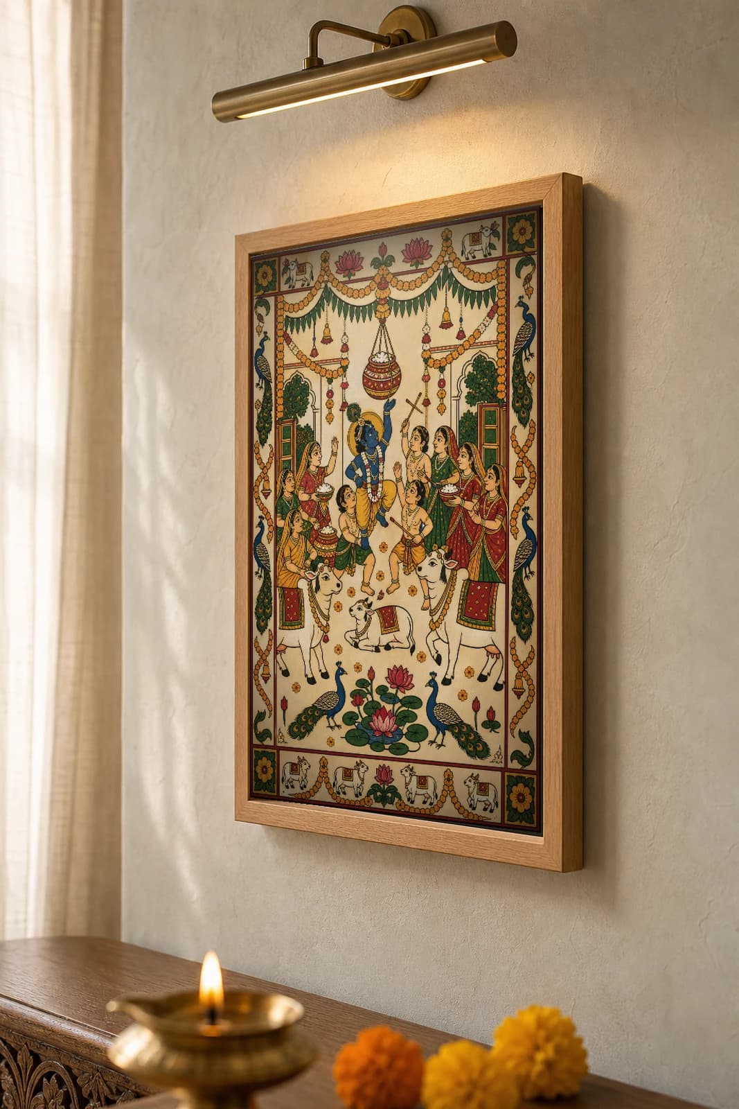 Nandotsav Pichwai-Style Print — Butter-Shower Celebration of Krishna's Birth · collector A2 · Nathdwara, Rajasthan cloth-painting tradition — the framed print shown at a three-quarter angle on a styled gallery wall in a natural-oak frame