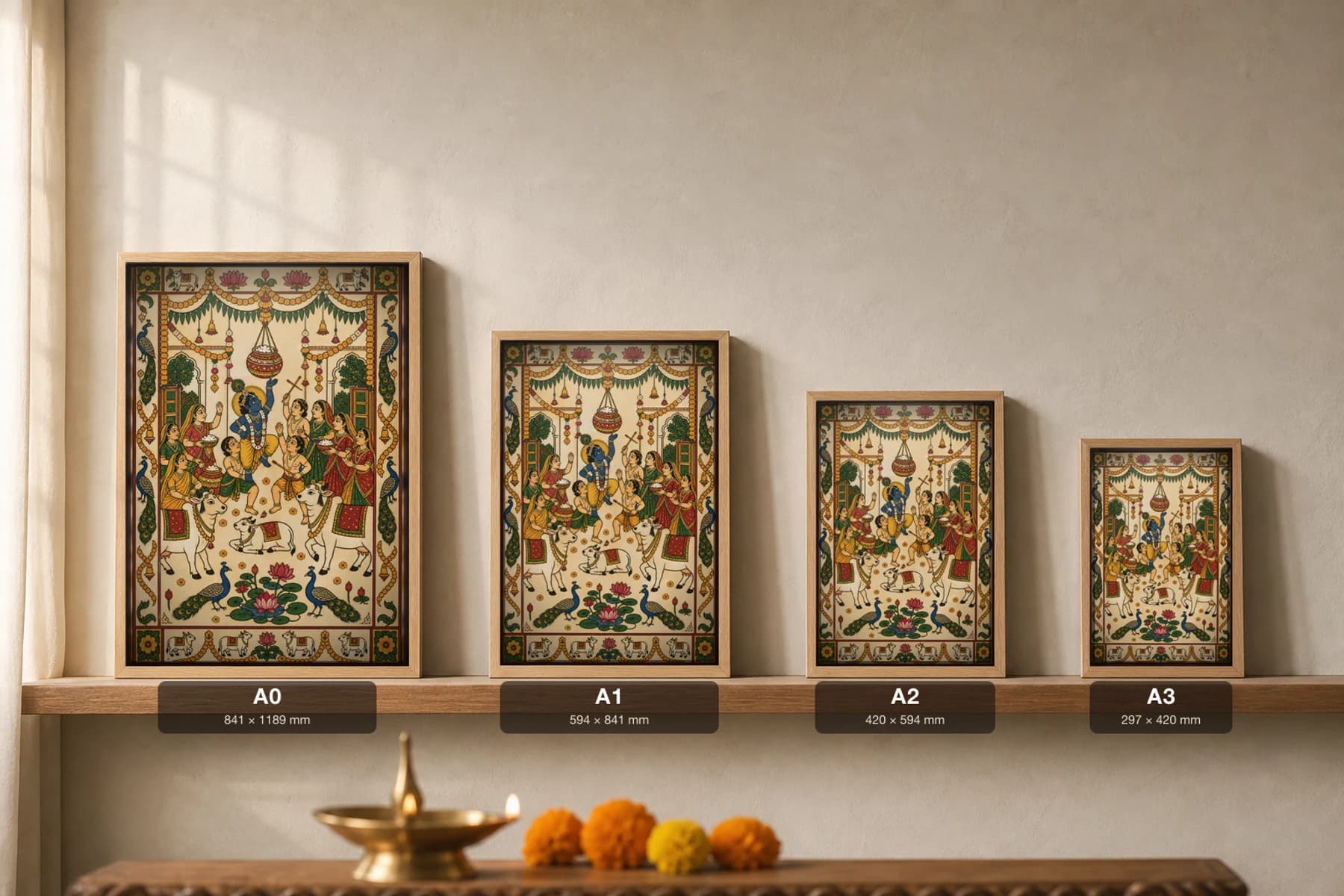Nandotsav Pichwai-Style Print — Butter-Shower Celebration of Krishna's Birth · collector A2 · Nathdwara, Rajasthan cloth-painting tradition — print size guide showing the artwork at A0, A1, A2 and A3 in natural-oak frames at true relative scale