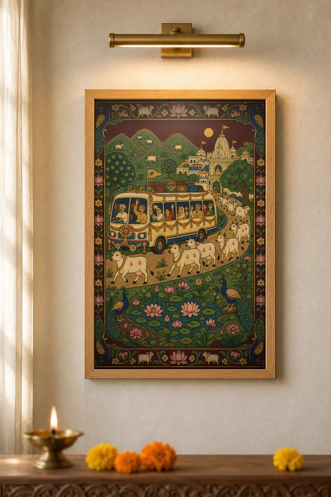Darshan Yatra Pilgrim Bus — framed museum print, Pichwai