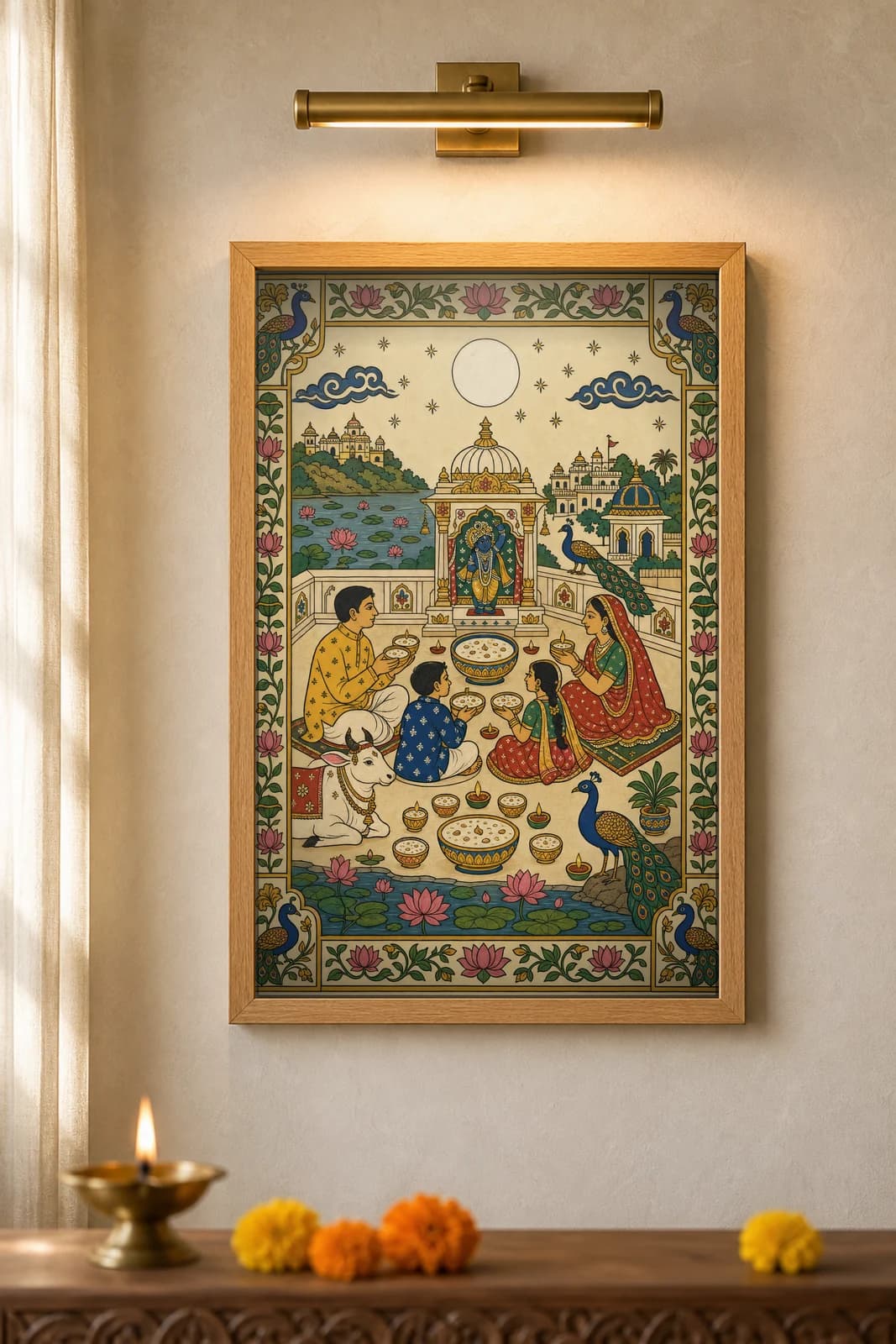 Purnima Rasoi Moon-Kheer — framed museum print, Pichwai
