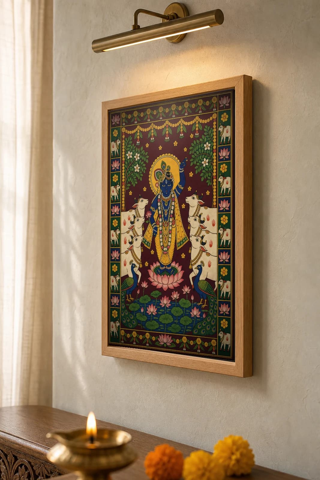 Go-Shringar Pichwai-Style Print — Shrinathji Ringed by His Beloved Cows · collector A2 · Nathdwara, Rajasthan cloth-painting tradition — the framed print shown at a three-quarter angle on a styled gallery wall in a natural-oak frame