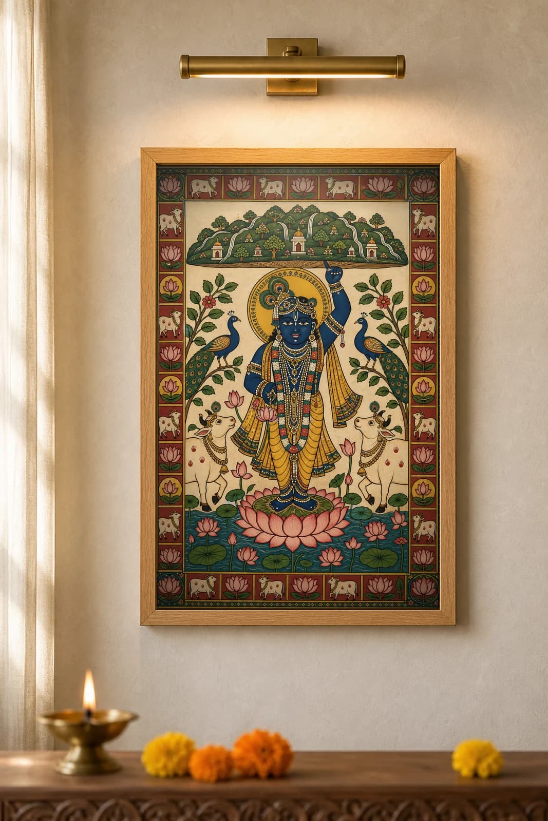 Shrinathji Govardhan Darshan — framed museum print, Pichwai