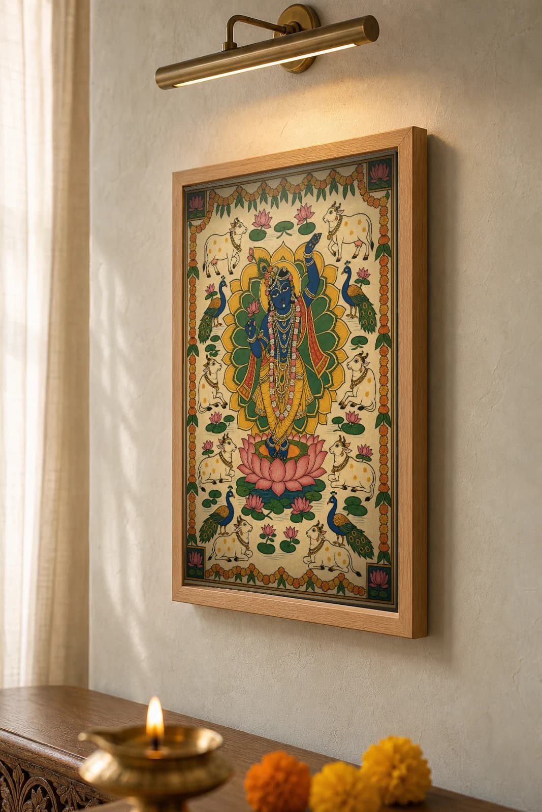 Kamal-Peeth Pichwai-Style Print — Krishna Rising from a Great Lotus Mandala · collector A2 · Nathdwara, Rajasthan cloth-painting tradition — the framed print shown at a three-quarter angle on a styled gallery wall in a natural-oak frame