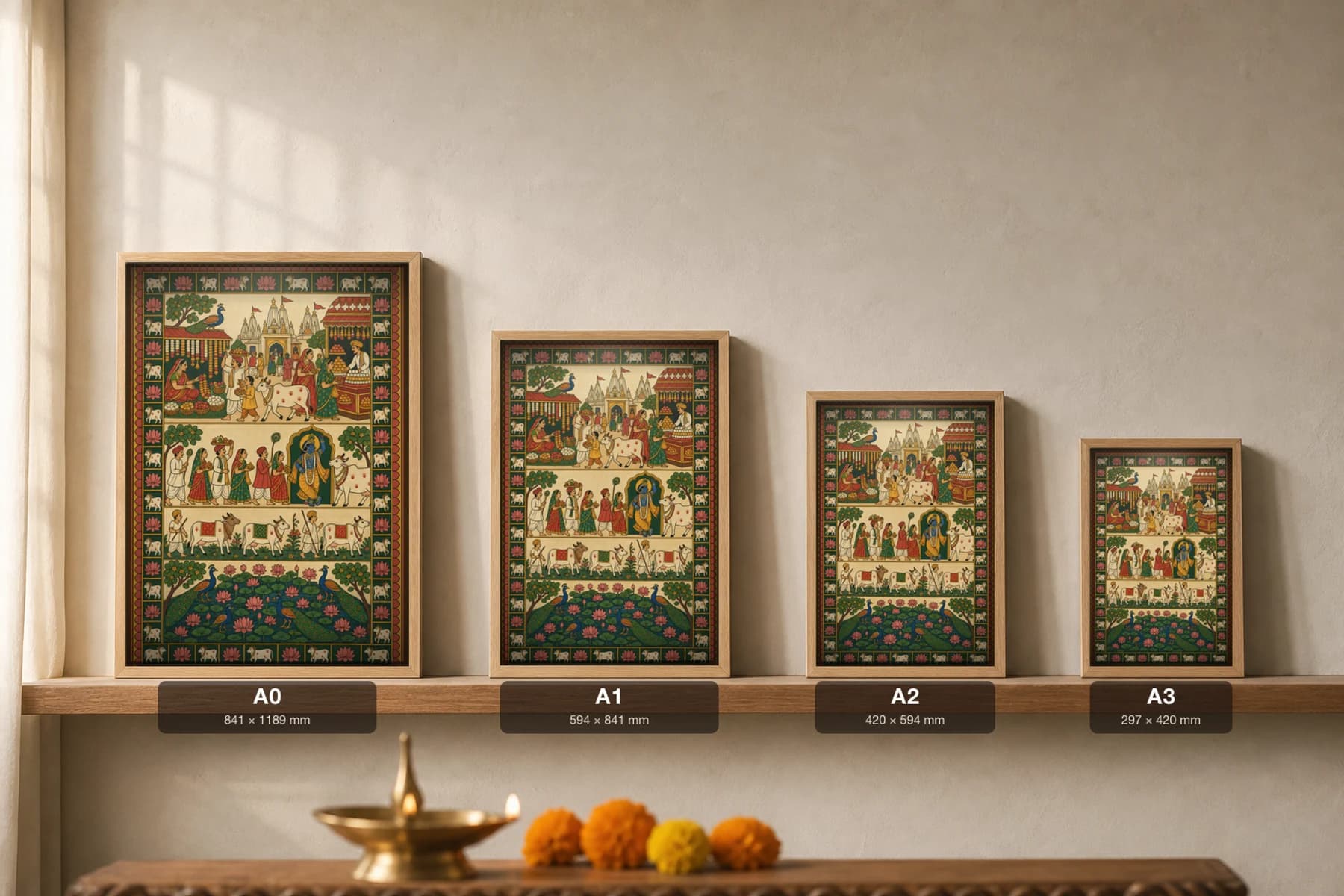 Nathdwara Bazaar Pichwai-Style Print — Festival-Day Temple-Town Market Lane · collector A2 · contemporary × Nathdwara Pichwai fusion — print size guide showing the artwork at A0, A1, A2 and A3 in natural-oak frames at true relative scale