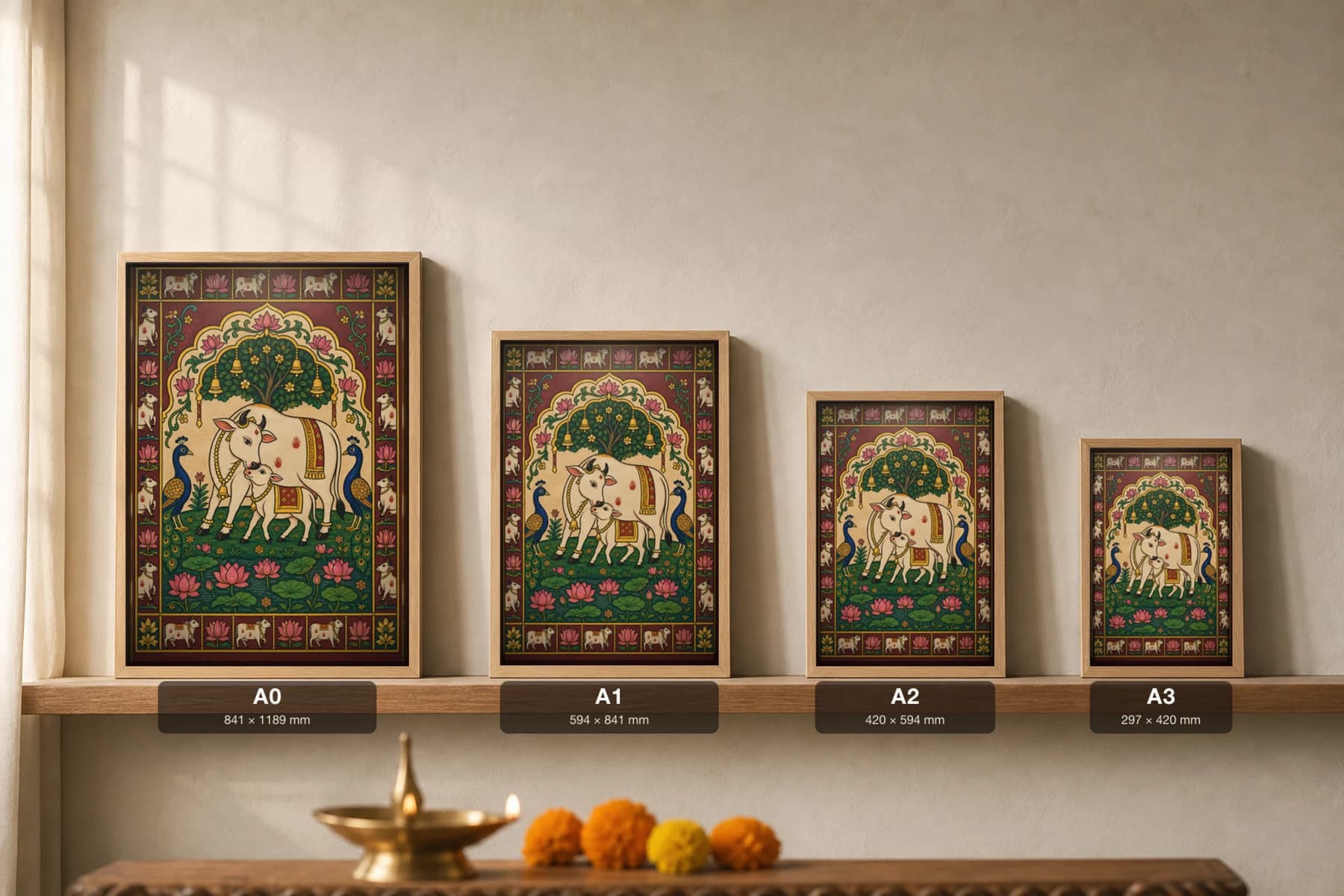 Vatsalya Pichwai-Style Print — A Cow Nuzzling Her Calf Under a Lotus Arch · collector A2 · Nathdwara, Rajasthan cloth-painting tradition — print size guide showing the artwork at A0, A1, A2 and A3 in natural-oak frames at true relative scale